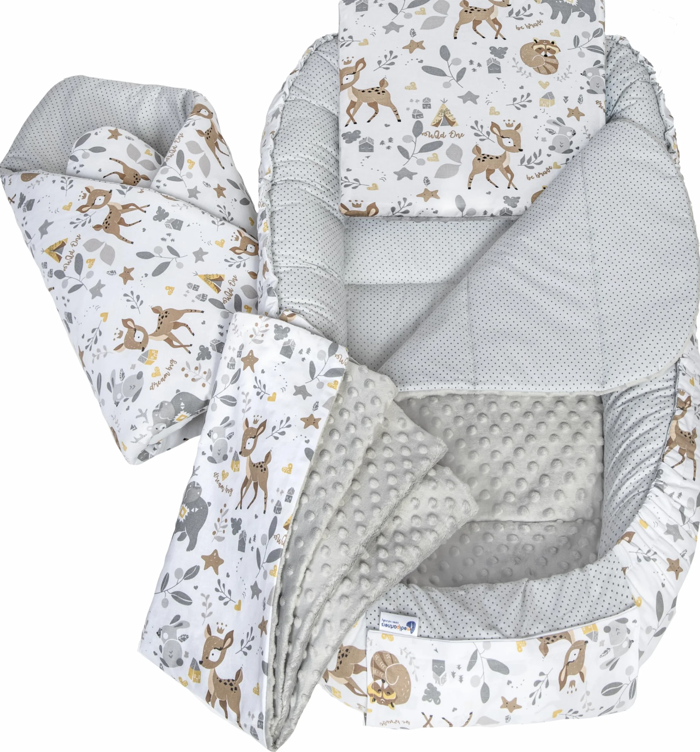 Réducteur de Lit Bébé 100x60x15cm 5 Éléments Cocon Naissance Nid d'Ange Bilatéral Cale 100% Coton Minky Cerf Gris