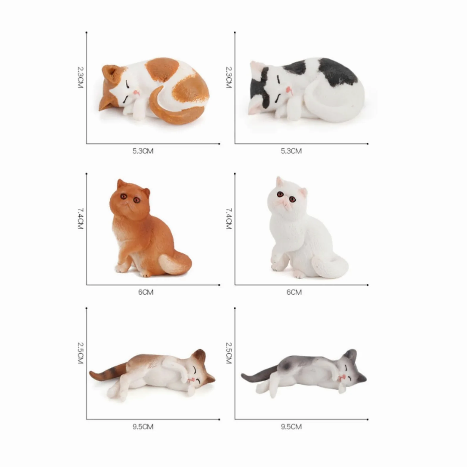 Six Petites Statues Chat Peintes avec Détails Faciaux Précis pour Décoration Bureau et Collection sur Tablette