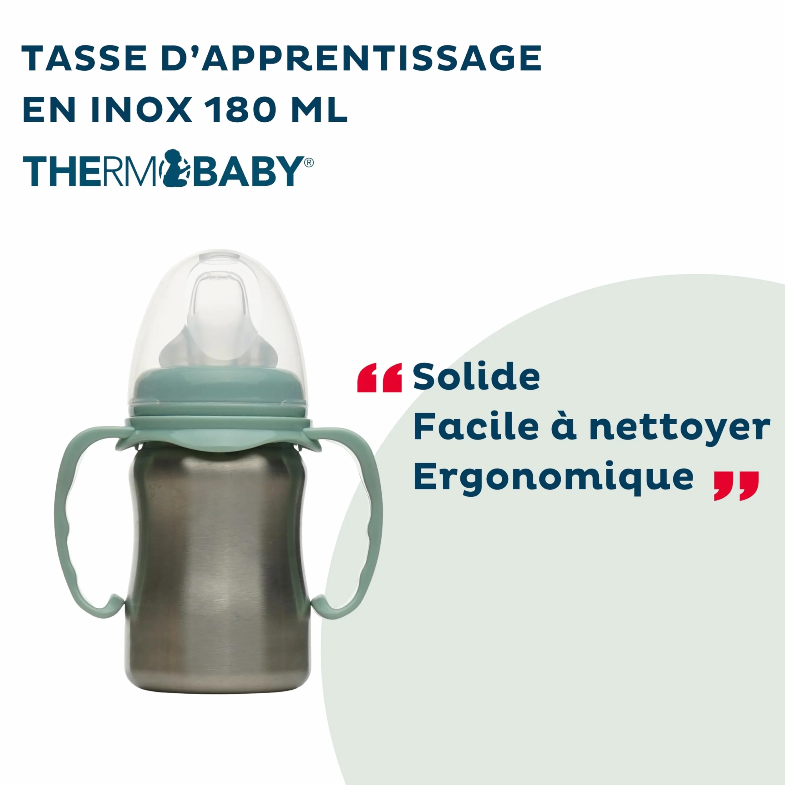 THERMOBABY Tasse En Inox Bébé Avec Anses Et Tétine Silicone Anti-Fuites 180 ml Vert Cactus