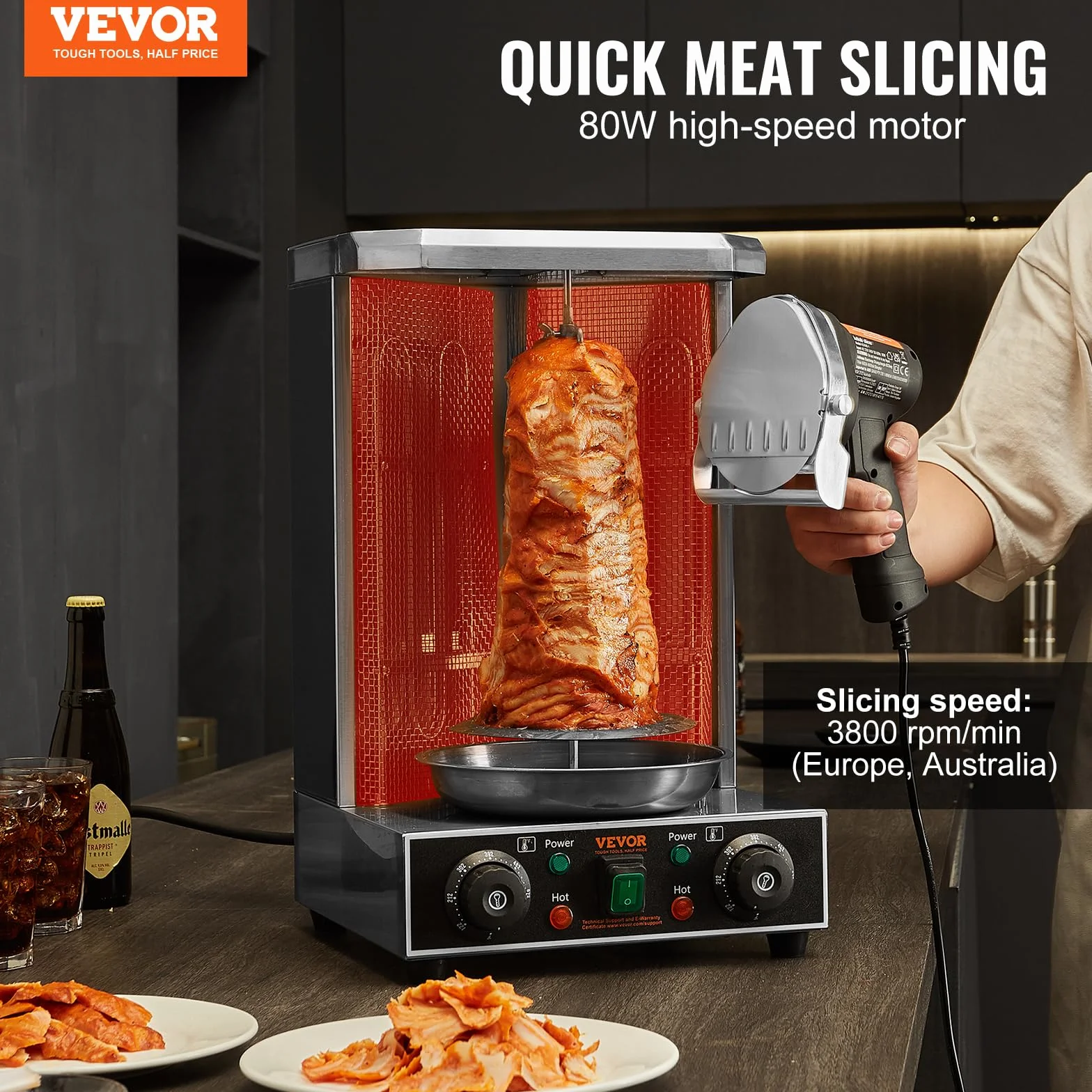 VEVOR Couteau à Kebab Électrique 80 W, Trancheuse à Viande Turc Shawarma Döner Kebab Commerciale Inox, Lame Ø 100 mm, Épaisseur Réglable 0-8 mm