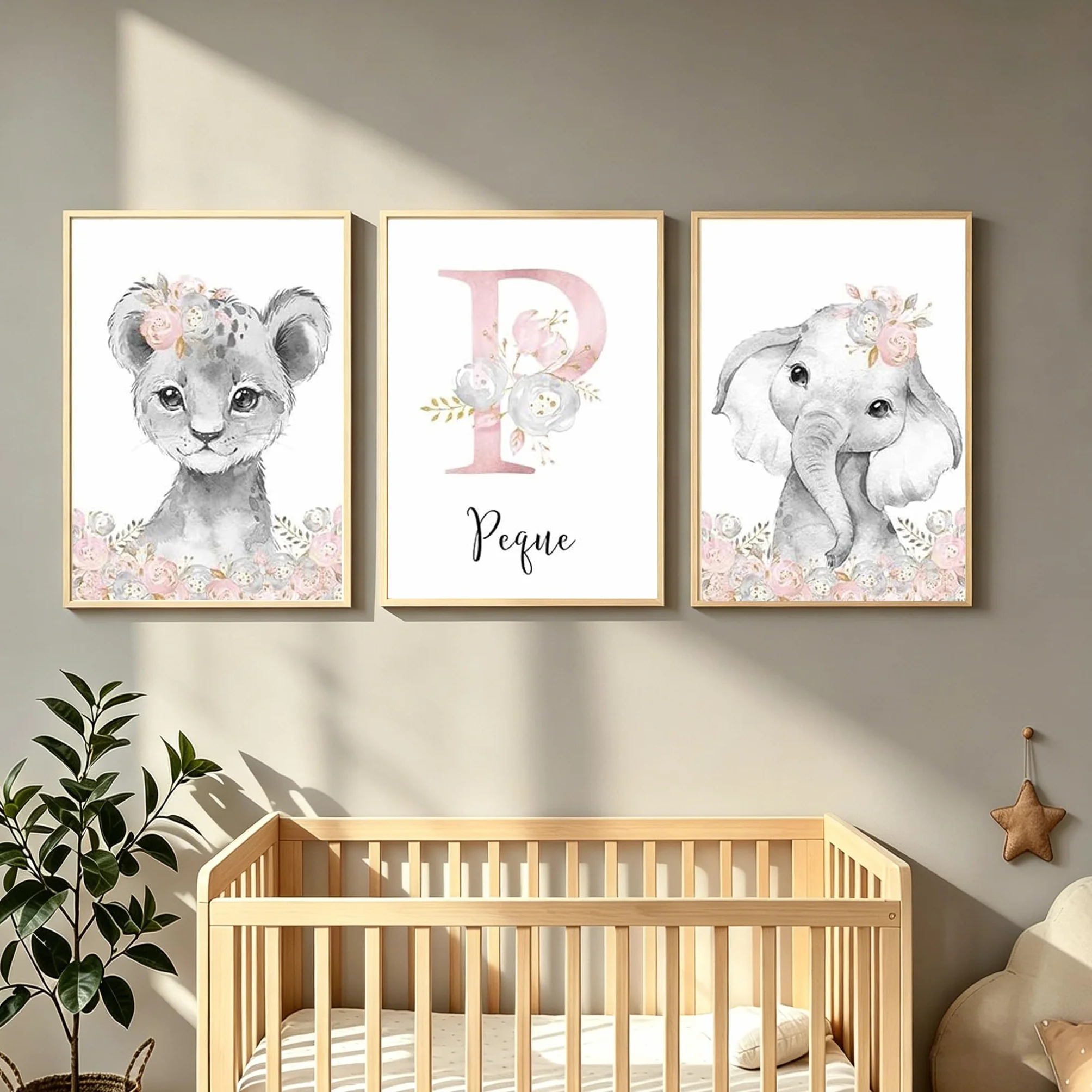Youihom 3 Affiche Prénom Bébé Safari Éléphant Lion Poster Personnalisé Garçon Fille Décoration Chambre Murale Toile Enfant Cadeau 30x40 cm