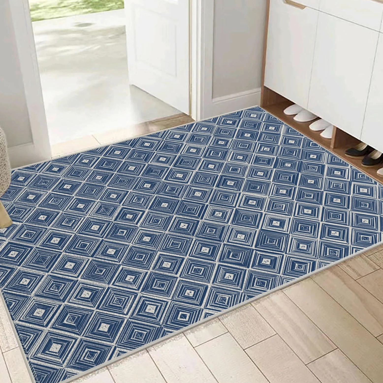 Tapis Lavable Losange Rayé, Antidérapant Géométrie Orientale, Résistant Aux Taches pour Intérieur, Décoration pour Salon, Chambre À Coucher, Bureau - Bleu Marine - 80X150Cm