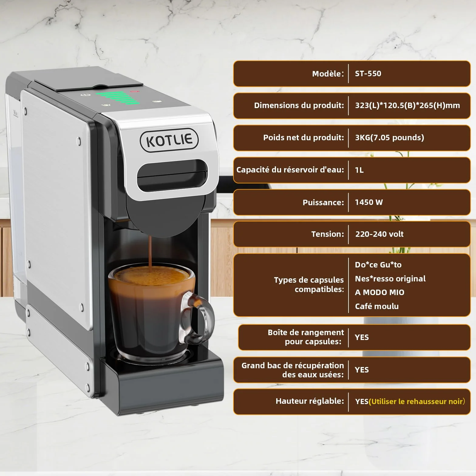 ST-550 Machine à café à capsules multifonction, pour Nespresso Original/pour Dolce Gusto/pour A MODO MIO/pour café moulu, sept réglages de volume d'eau, fonction de pré-infusion, capacité de 1 litre