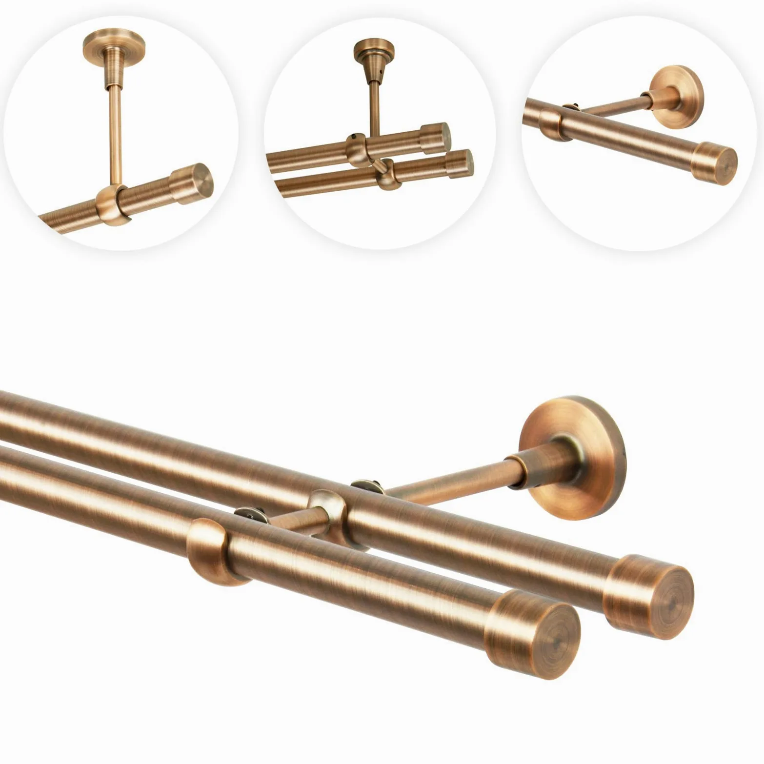Tringle à rideau cuivre antique, 240 cm, 2 voies, 19 mm, métal, fixation murale, Embout droit