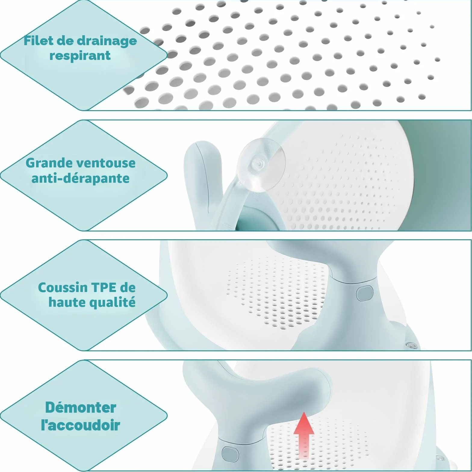 Chaise de Douche pour bébé, forme baleine, coussin silicone respirant, dossier ergonomique, 4 ventouses antidérapantes, 6 mois+ (vert)