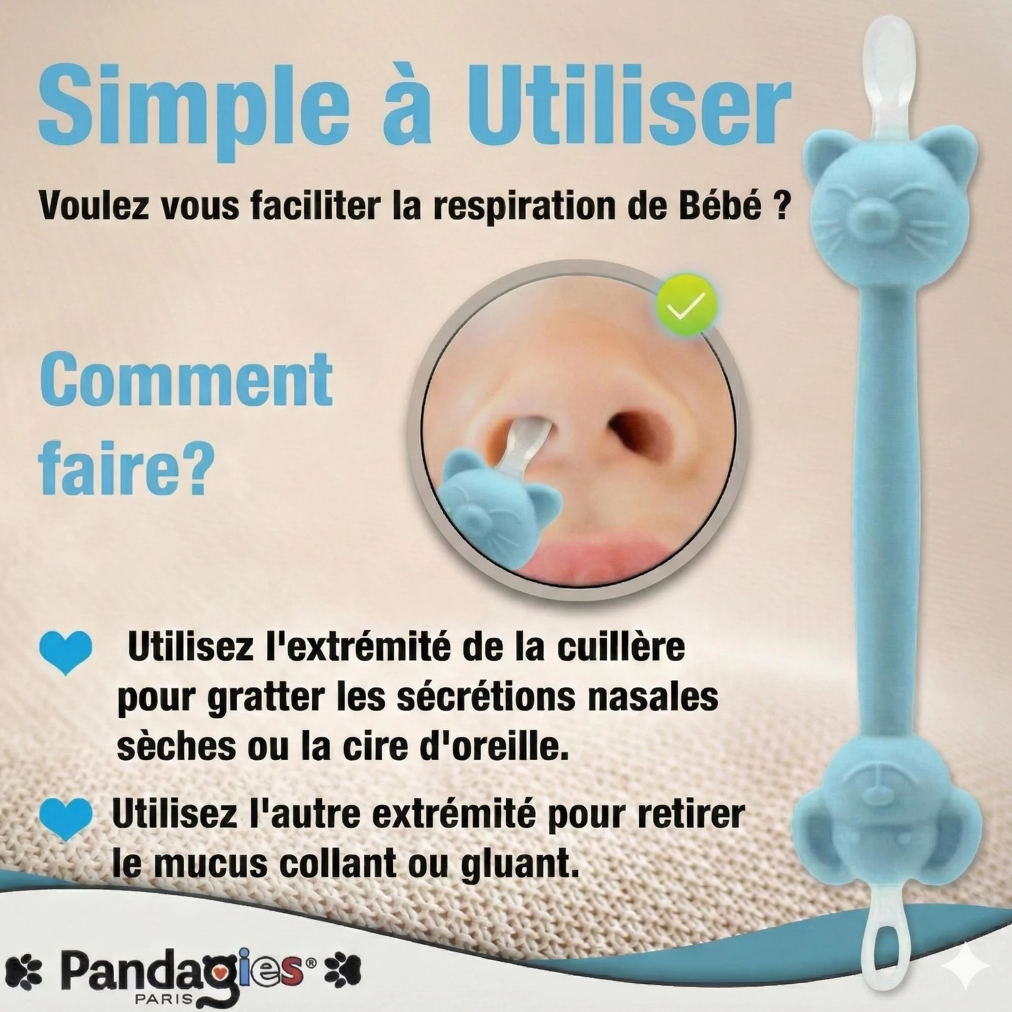 Cure Nez Bébé Sécurisé Nettoyeur Nasal Manuel Double Embout Boucle Anti-Insertion Hygiène Nasale Nourrisson Enfant Réutilisable Bleu