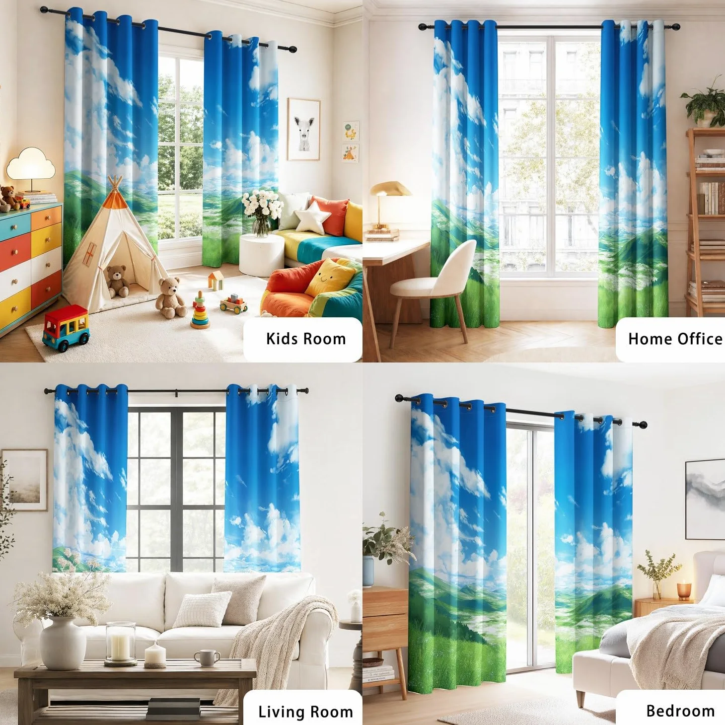 Rideaux Occultants Esthétique Couleurs Douces, Paisible 140L X 180H cm Ciel Bleu, Collines, Nuages duveteux – Isolation Thermique et Protection de l'Intimité, 2 Panneaux pour Chambre d'Enfant