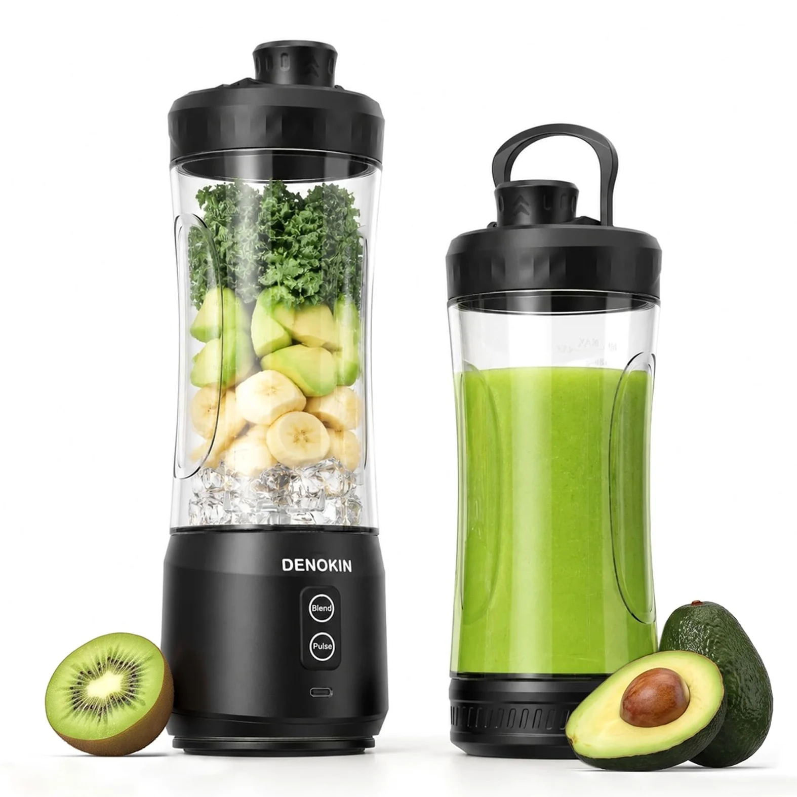 DENOKIN Mélangeur portable sans fil, 590 g, mélangeur personnel pour milkshakes et smoothies avec couvercle On Go et couvercle à siroter, petit mélangeur pour cuisine, maison, voyage