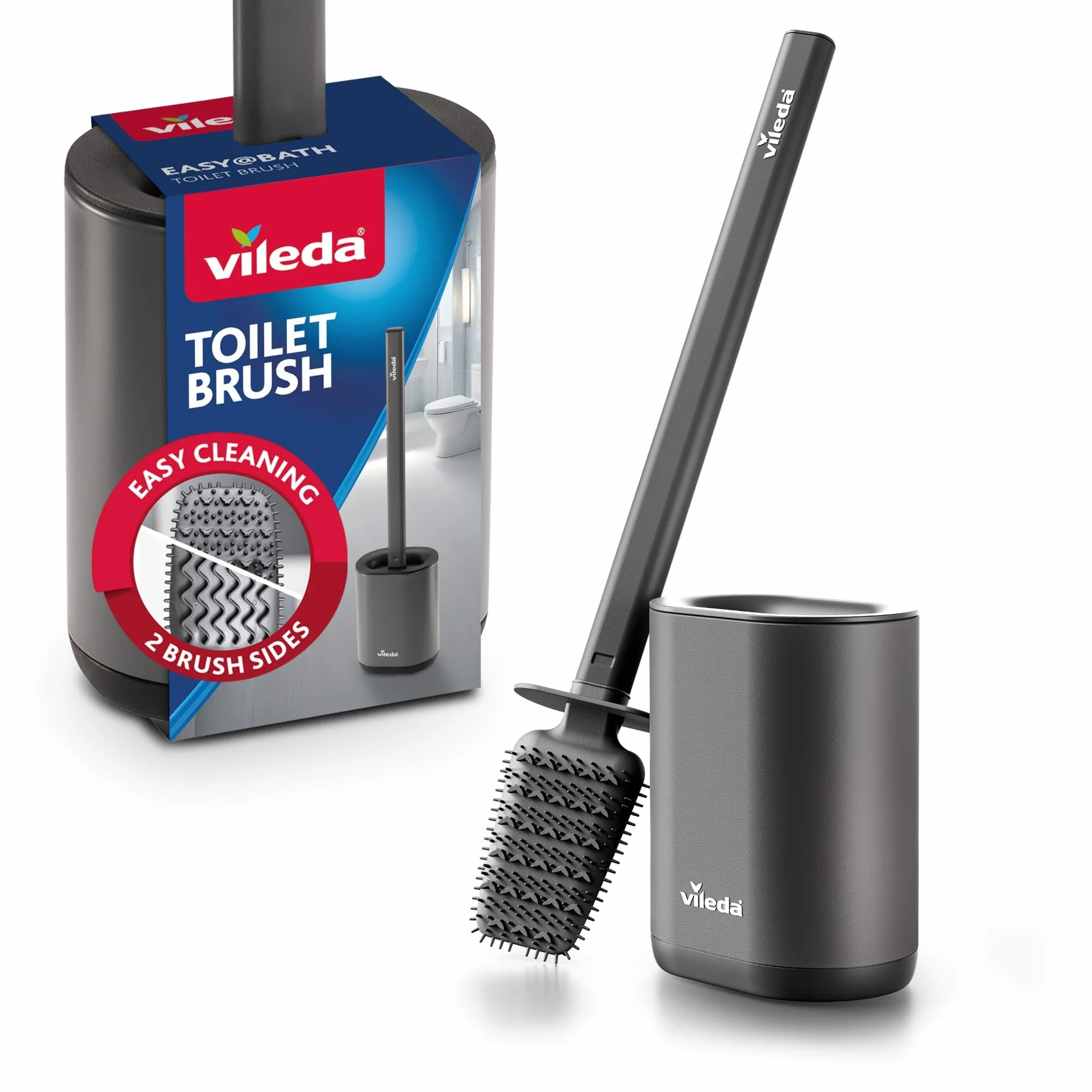 Vileda Brosse WC Silicone Flexible Manche Inoxydable 2-en-1 Hygiénique Anti-odeurs