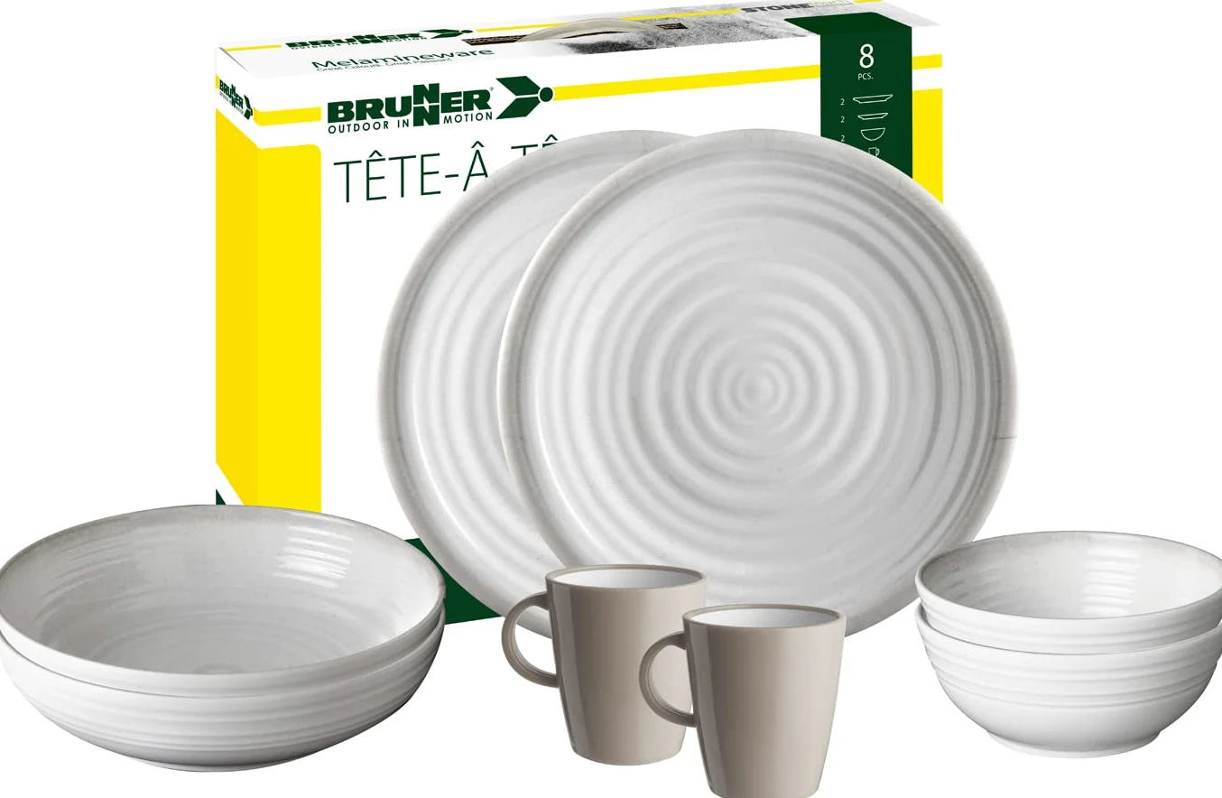 Brunner 0830143N.C4P Lot de 8 Vaisselle de Camping pour 2 Personnes, Tête-à-Tête Savane, 8 pièces