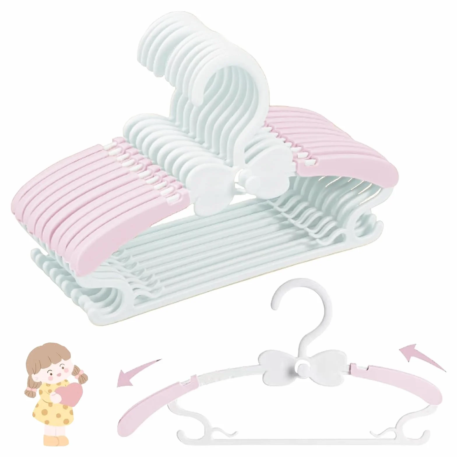 Cintre Enfant Plastique 28-37cm Empilables Antidérapants Extensibles 20pcs Rose Blanc
