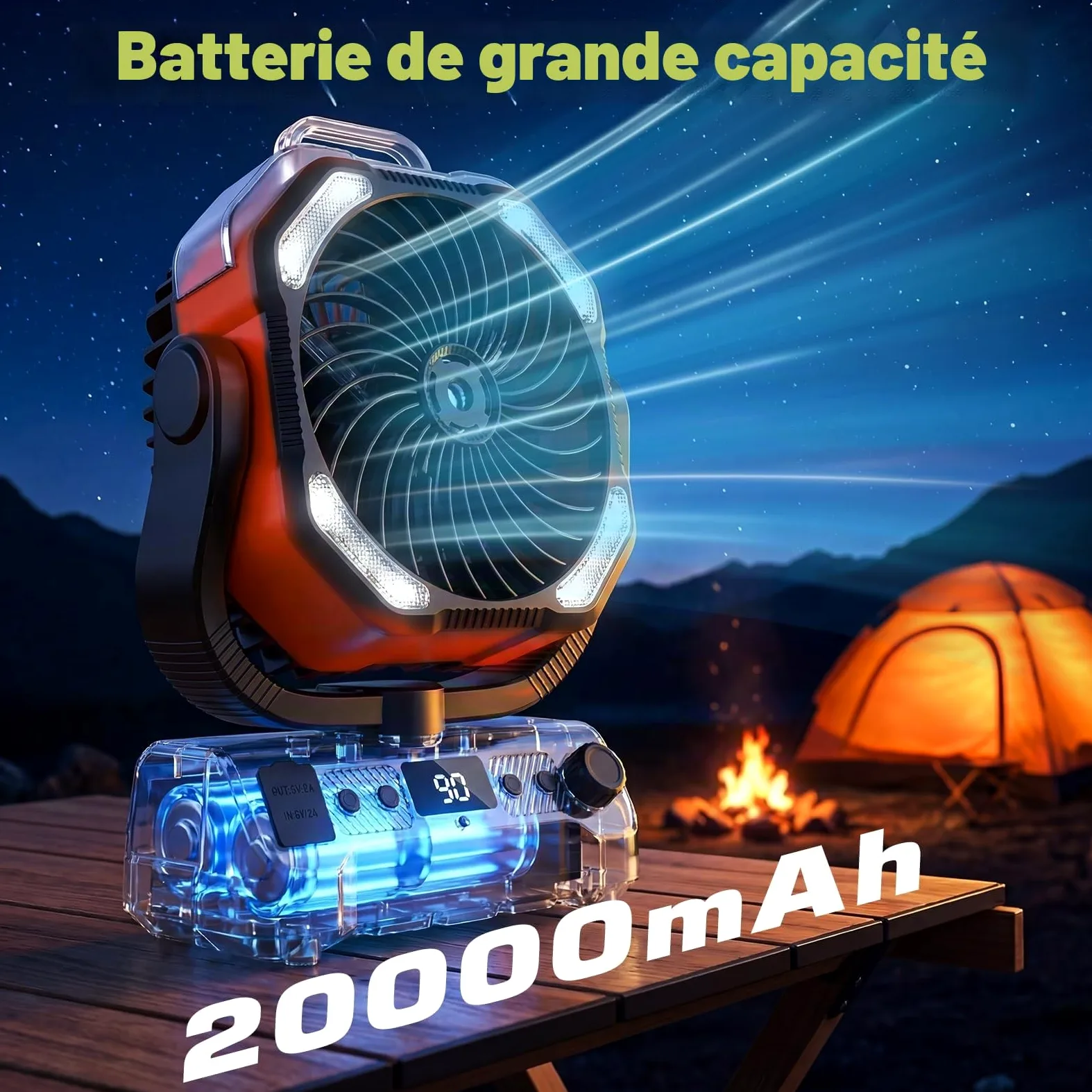 Lolleys Ventilateur Brumisateur de Camping 20000mAh, Ventilateur Portable Rechargeable avec Télécommande, Double Moteur, Crochet 360°, Vitesse Variable pour Extérieur Pêche Camping-car Plage, Orange