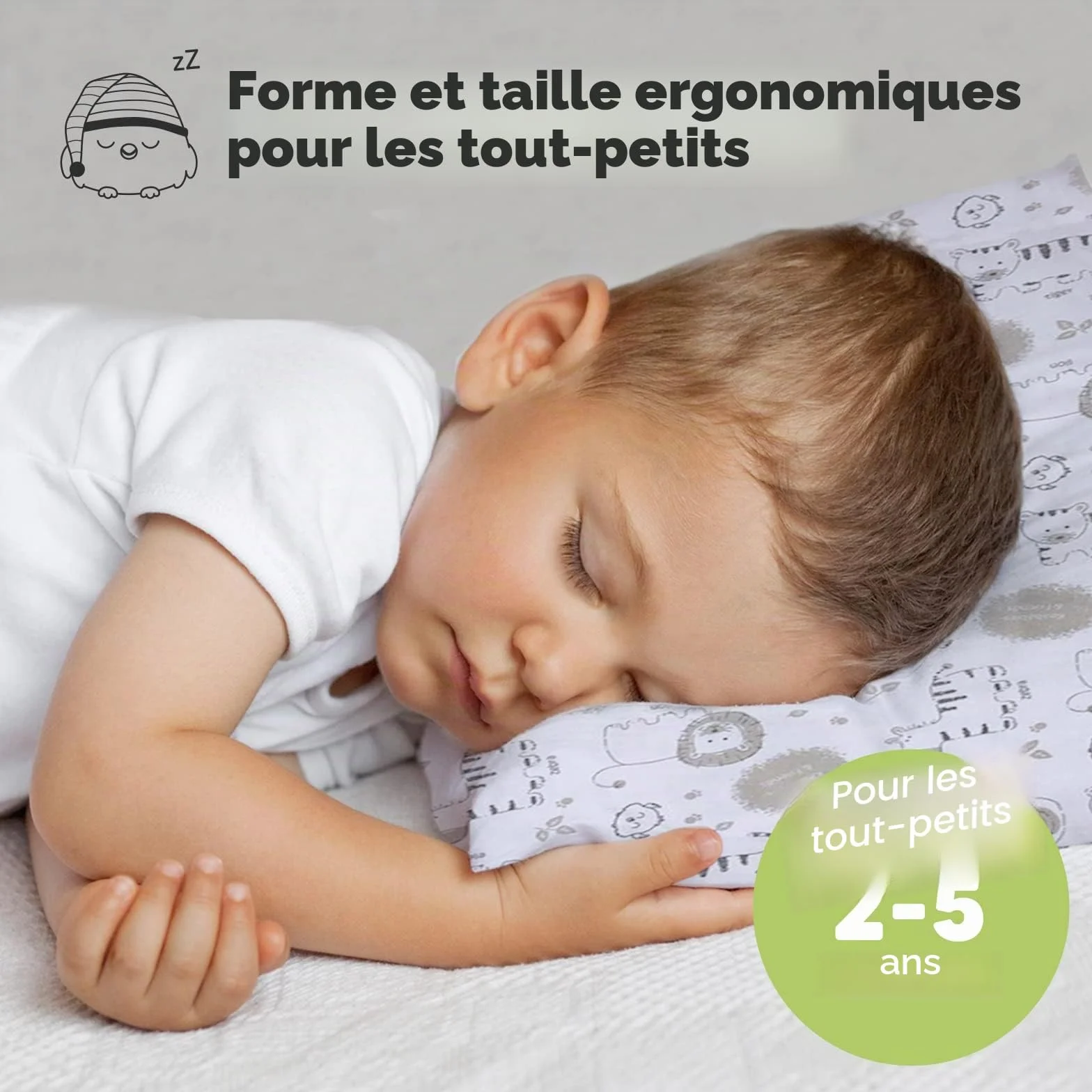 Oreiller pour Tout-Petit en Coton Biologique Doux Lavable en Machine - Taie d'oreiller incluse