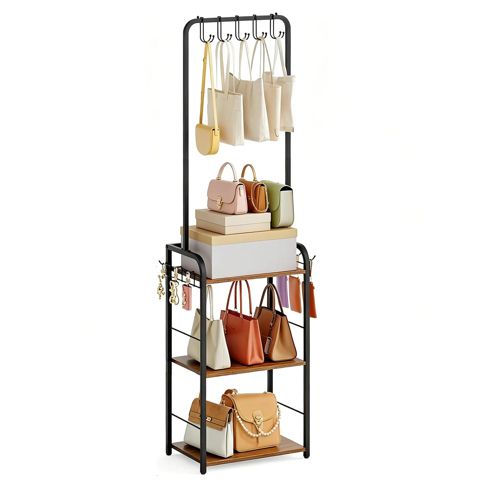 KZOBYD Organiseur de sac à main avec 3 étagères, crochets de suspension et crochets latéraux | Métal et bois, noir, sac de rangement étroit, pour chambre à coucher, couloir et dressing, 39 x 30 x 144 cm