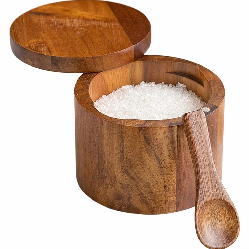 Salière en bois d'acacia avec couvercle rotatif, dimensions optimisées
