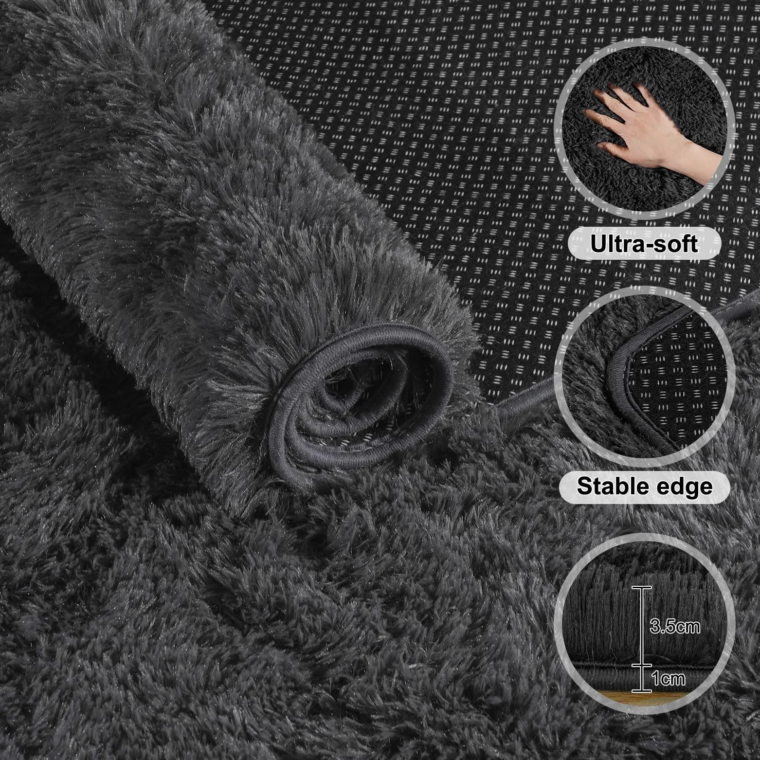 Tapis rond à poils longs pour chambre à coucher, salon, dortoir, gris foncé, blanc, 160 cm