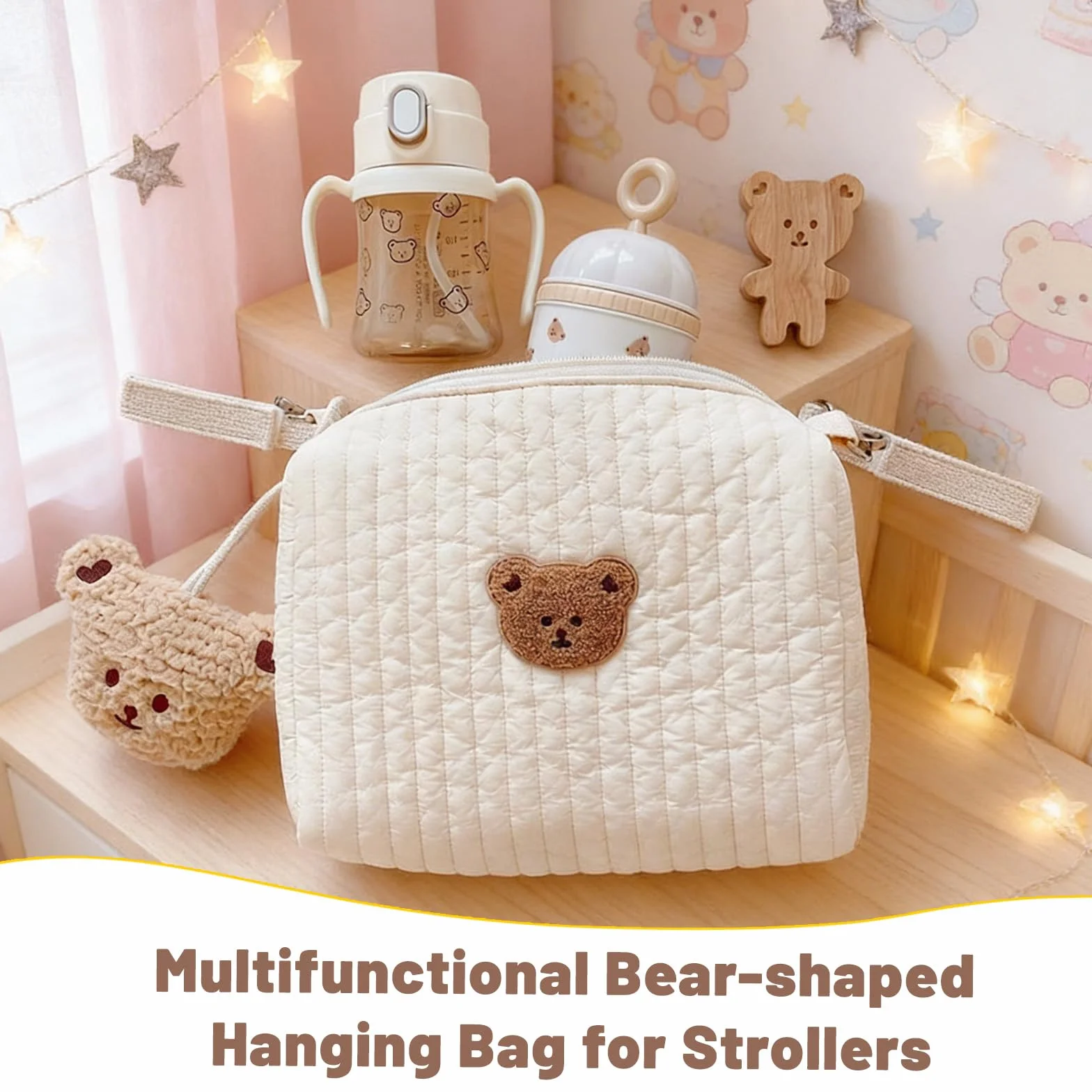 Sac à langer en coton organisateur universel pour poussette avec 2 sangles broderie ours