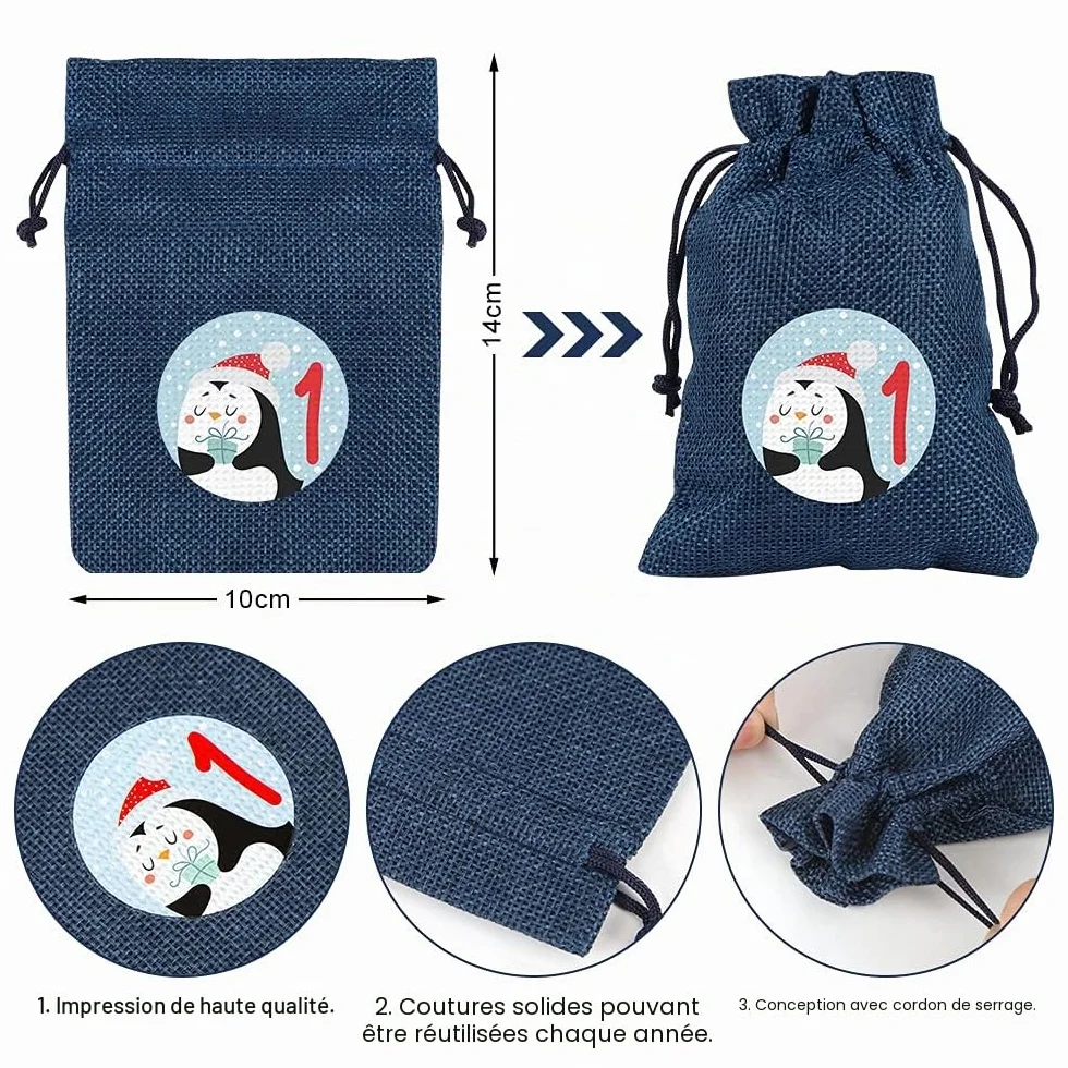 Calendrier de l'Avent à Remplir Sac en Tissu Jute, Sacs Surprise de Noël