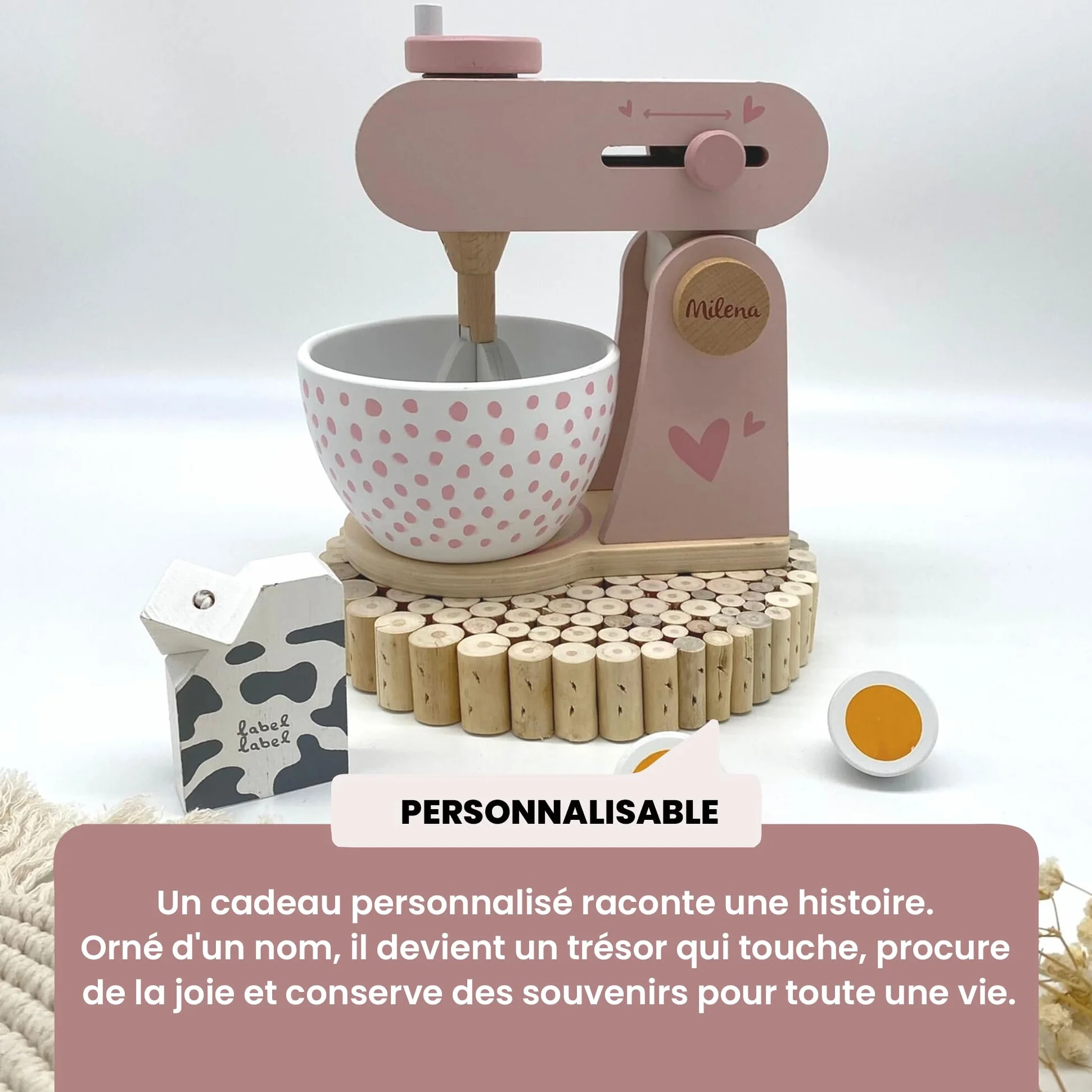 Robot de Cuisine en Bois Rose pour Enfants avec Fonction Mixeur et Bol Mélangeur Personnalisable Prénom Label Label