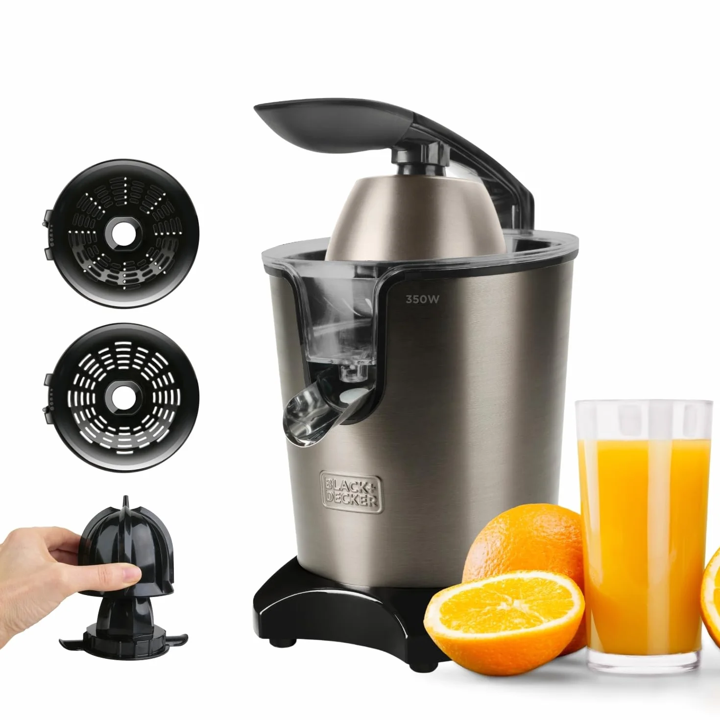 BLACK+DECKER Presse-Agrumes à Levier 350W Moteur AC Pro Corps Inox Réservoir 0,65L Anti-Goutte