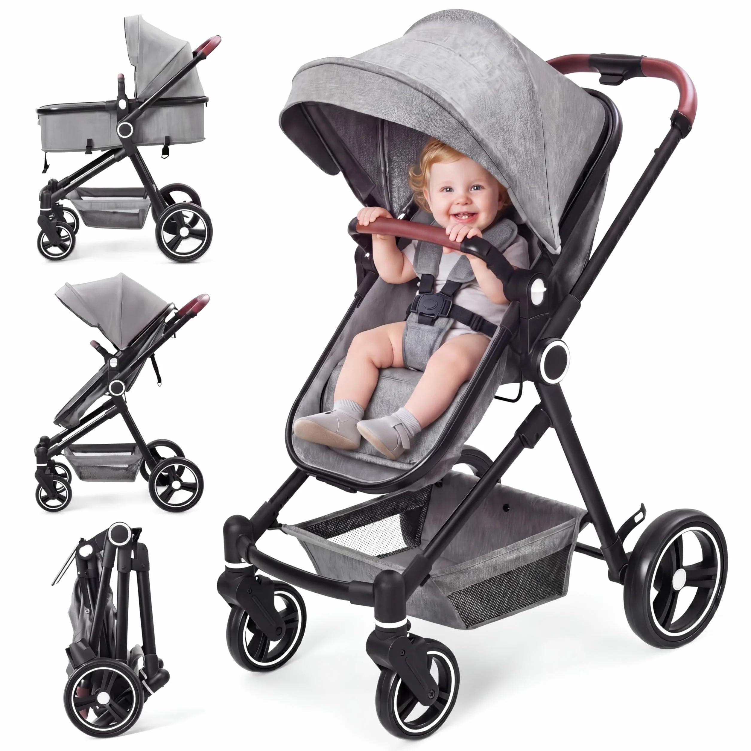 Poussette 2 en 1 Compacte Légère Pliable Siège Inclinable Landau Réglable Tout Terrain 0-3 Ans