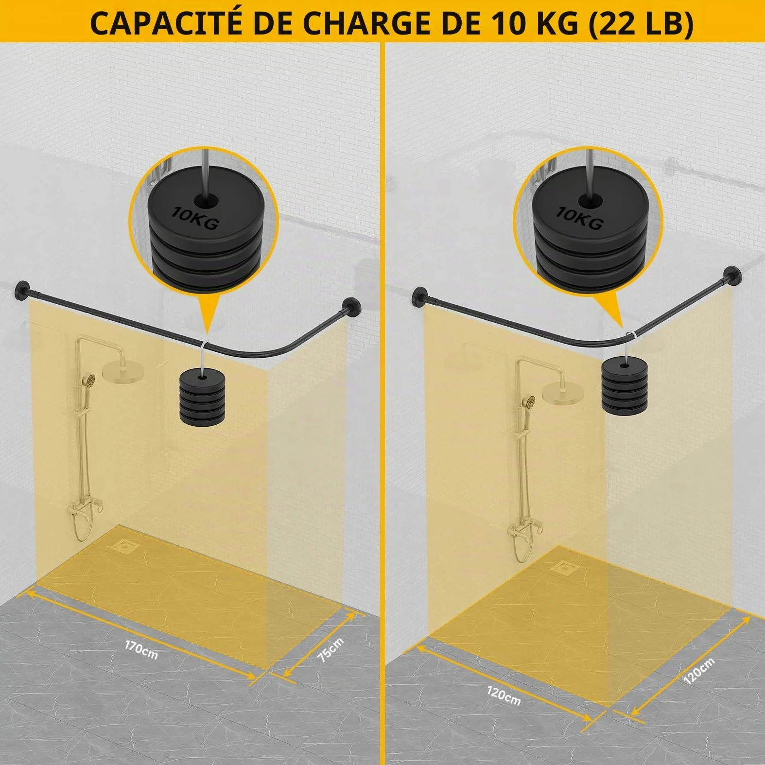 Tringle à Rideau de Douche L Forme, Barre De Douche Angle en Acier Inox, 75x170 cm Barre Rideau Douche Noir Réglable avec Anneaux, pour Salle de Bain Baignoire Vestiaire