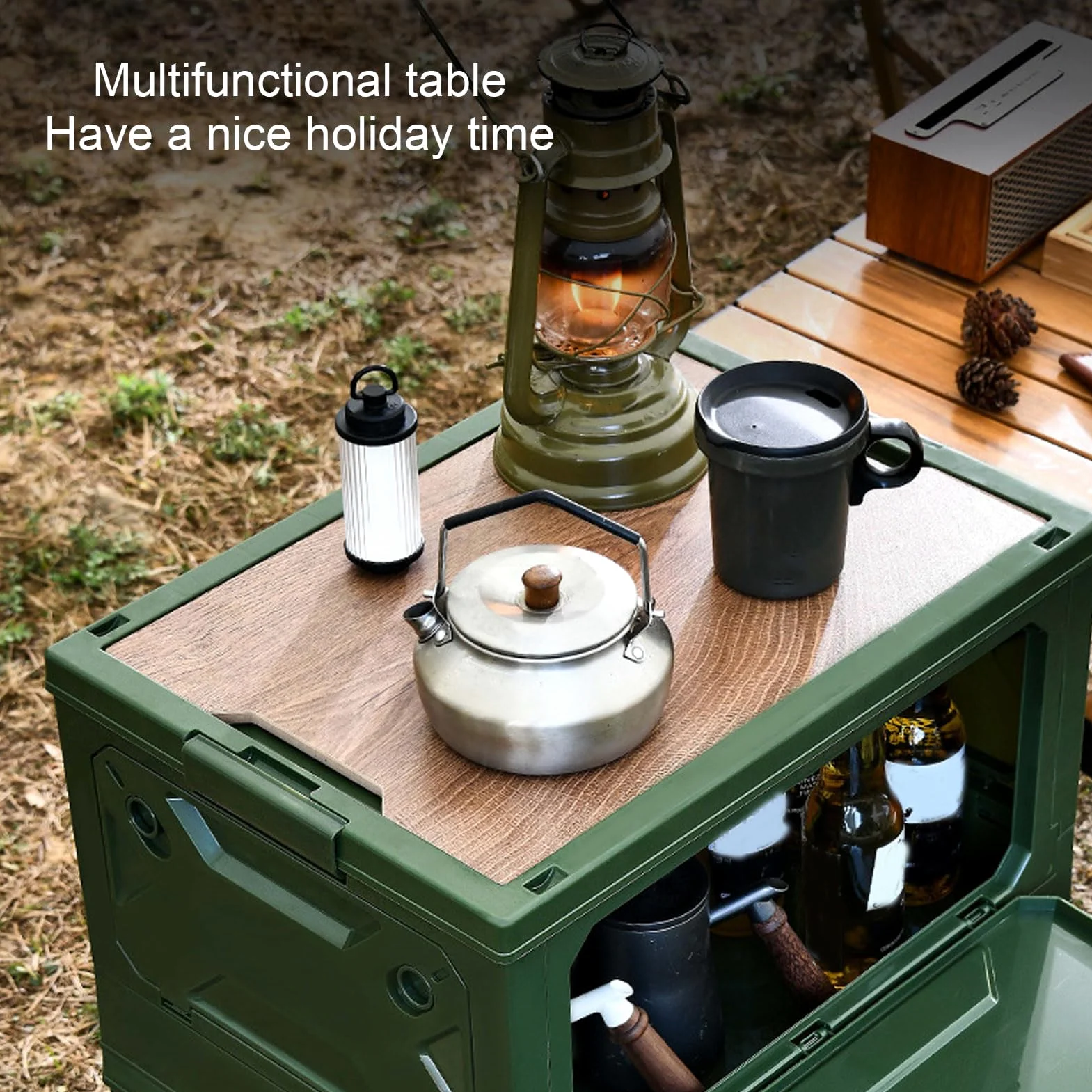 Boîte de Rangement de Camping Pliable, Bacs de Rangement Empilables avec Couvercle, Conception à Poulie, étanche, Ouverture sur 5 Côtés, Bacs de Rangement Pliants de Camping pour Voiture et(Vert)