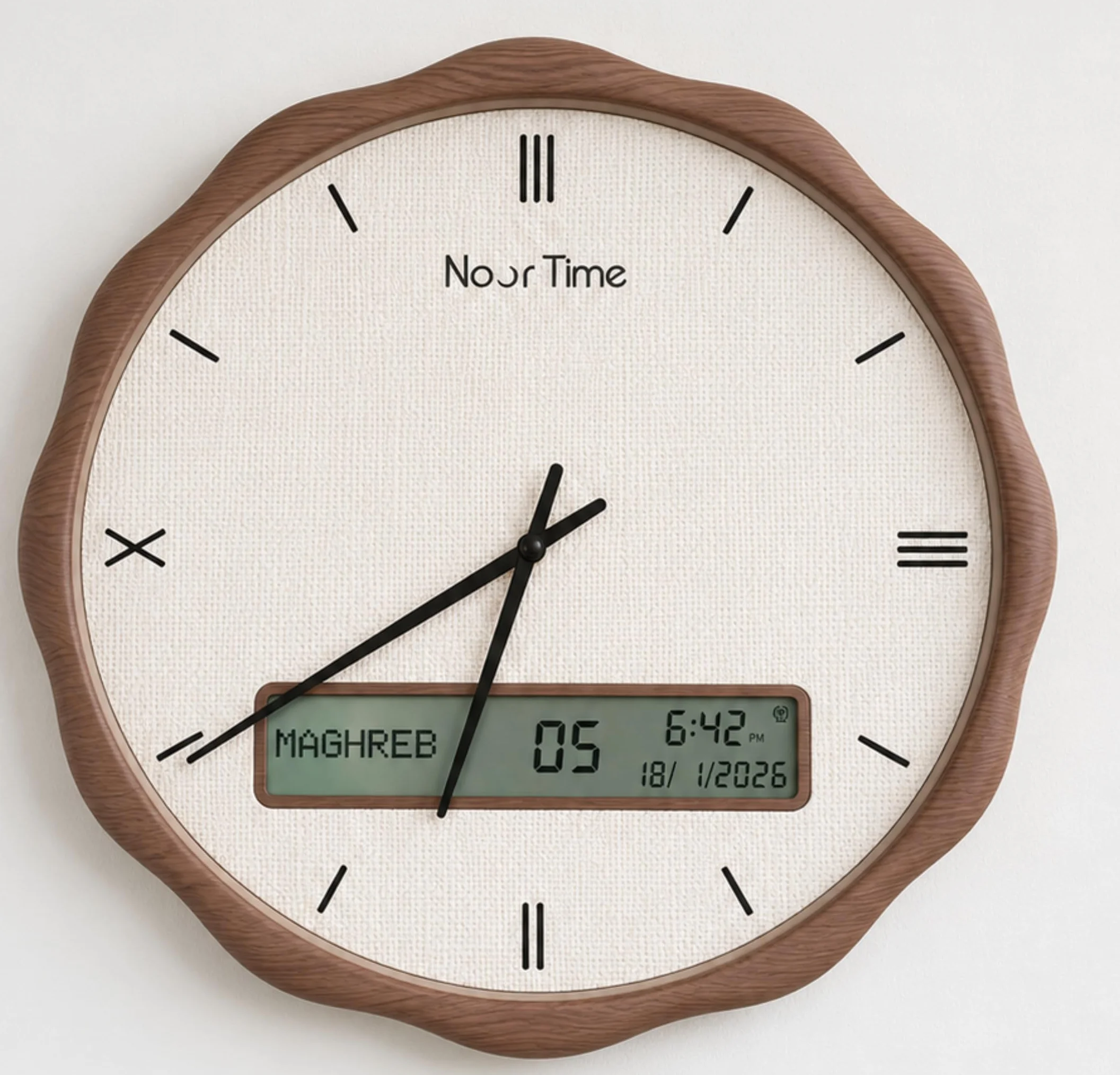 Horloge Adhan avec Appel à la Prière Automatique, Synchronisation Mawaqit, Affichage Numérique LCD, Design Bois, Sons Authentiques Makkah Médine