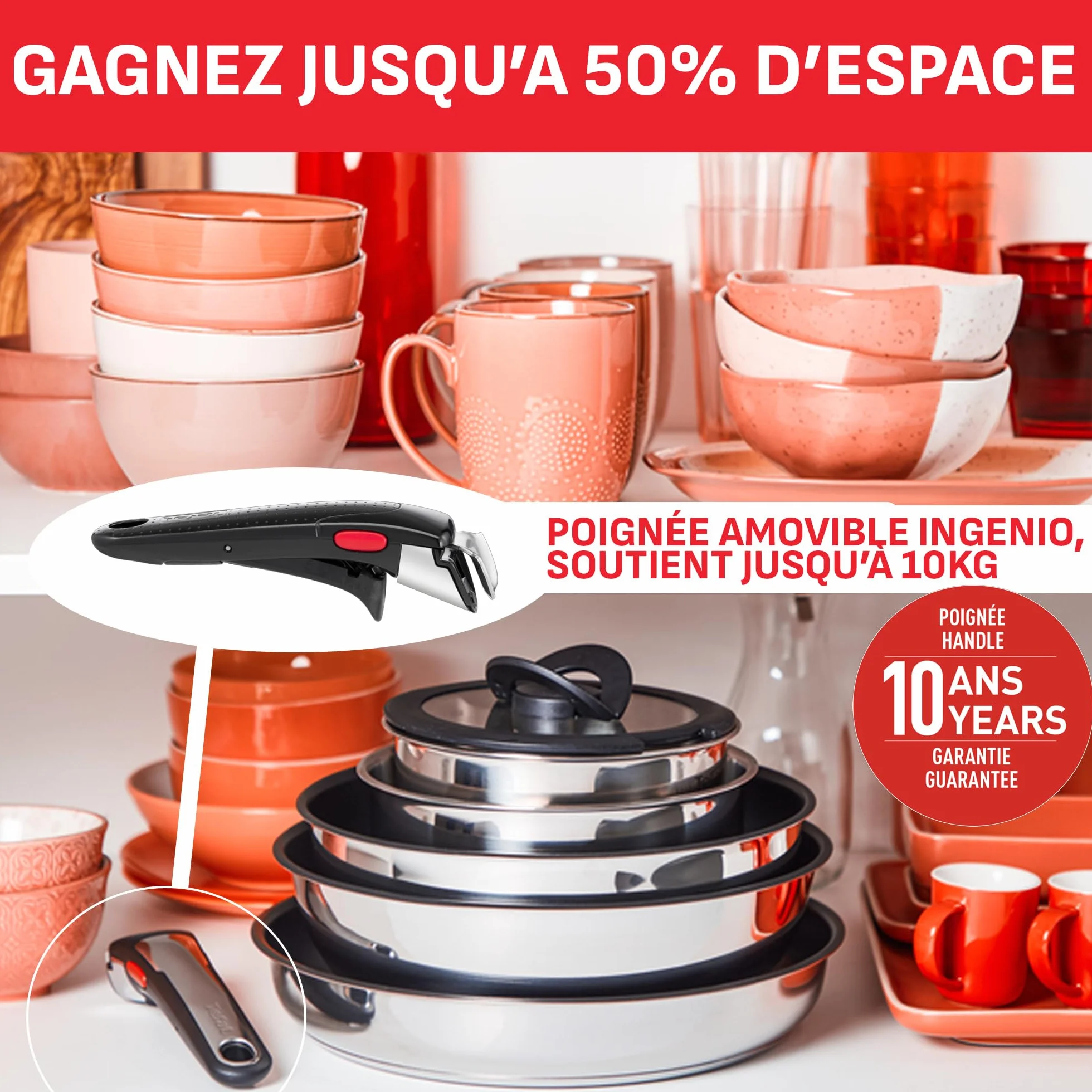 Tefal Ingenio Lot de 4 casseroles 16/18/20 cm Induction Acier inoxydable Empilable L898S334