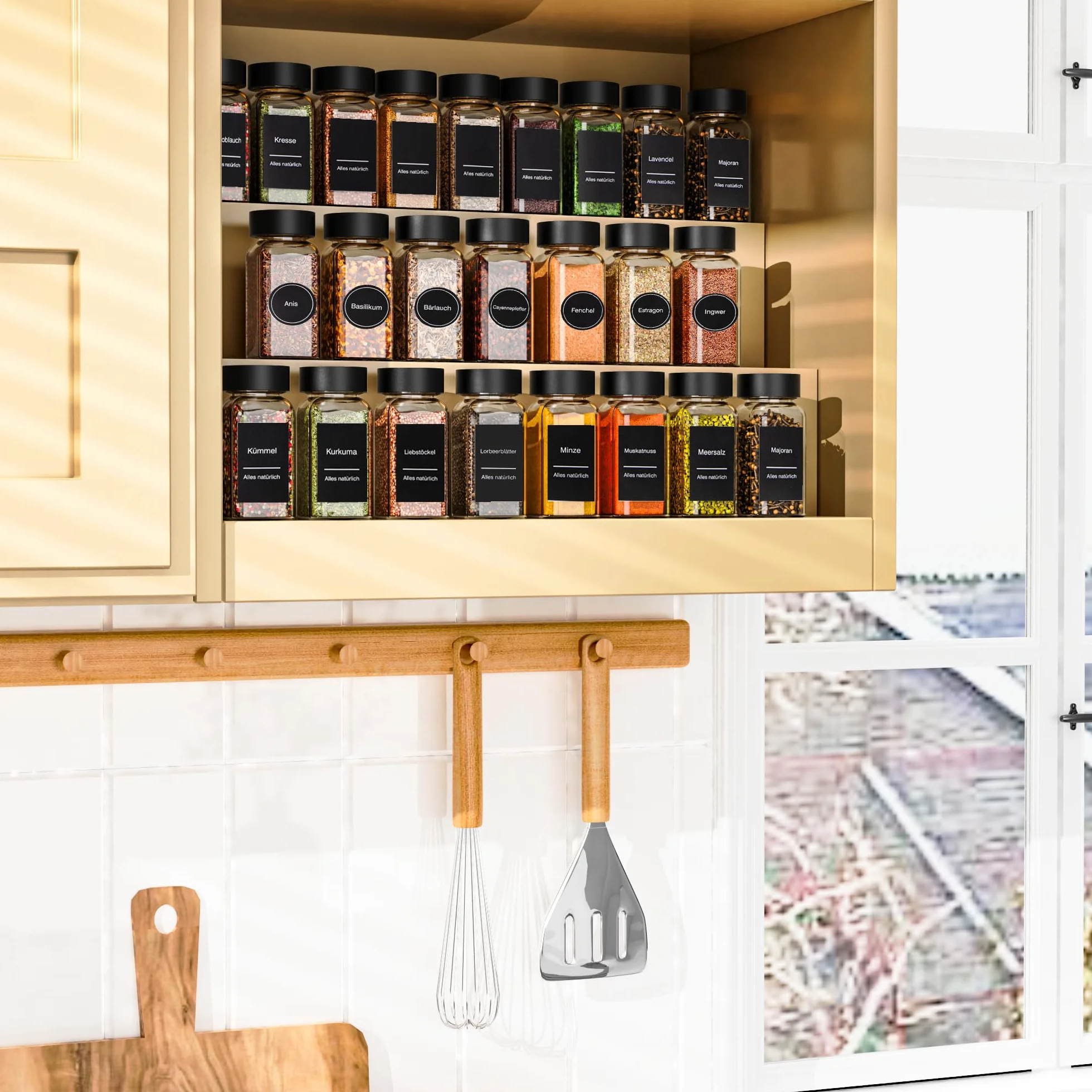 Pots à épices carrés 120 ml lot de 24 avec couvercles, inserts saupoudre, entonnoir, passoire et 340 étiquettes
