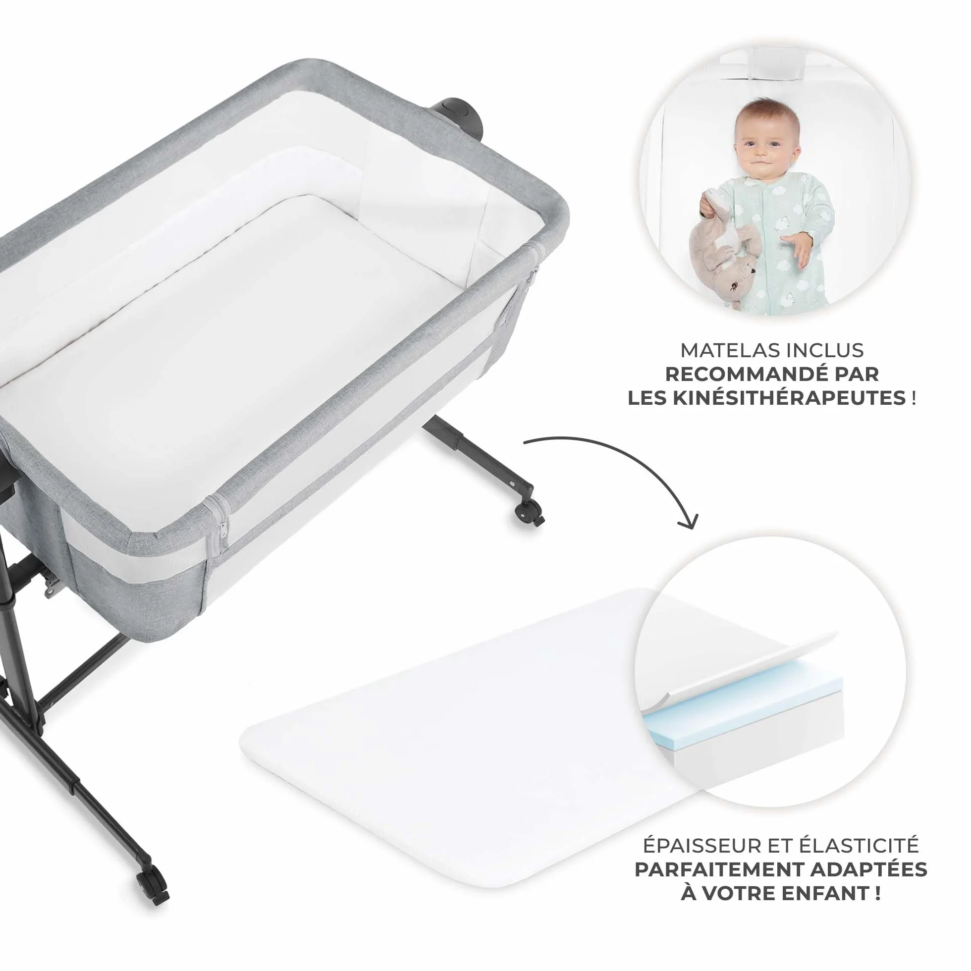 Kinderkraft NESTEE UP 2 Lit bébé cododo avec matelas, réglage hauteur, pieds réglables, gris clair
