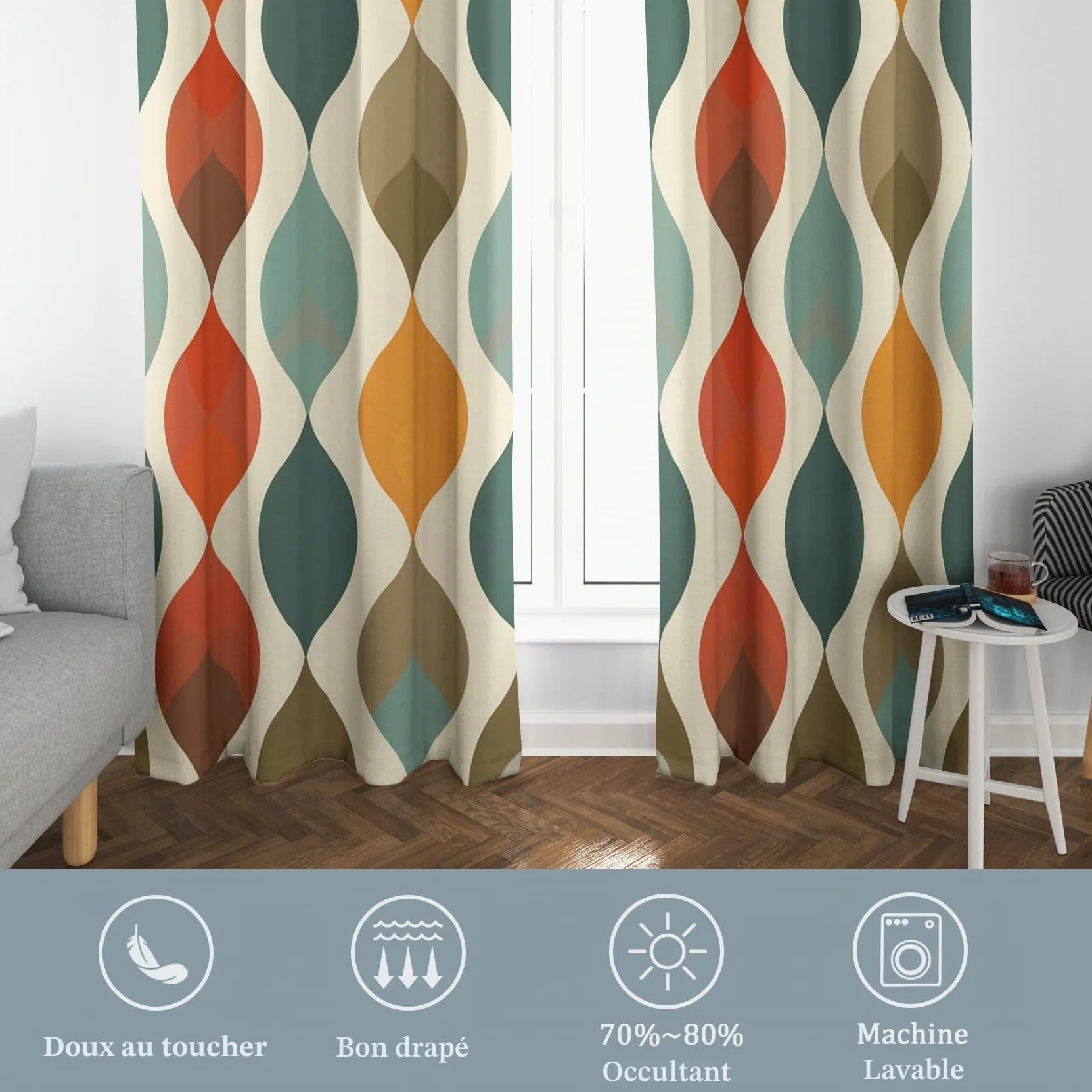 Rideaux Occultant Géométrique Médiéval, Rideau Isolant Thermique pour Salon Chambre, Rideaux Motif Moderne Colorée, Lot de 2 Rideaux Opaque à Oeillets 140x260cm LxH