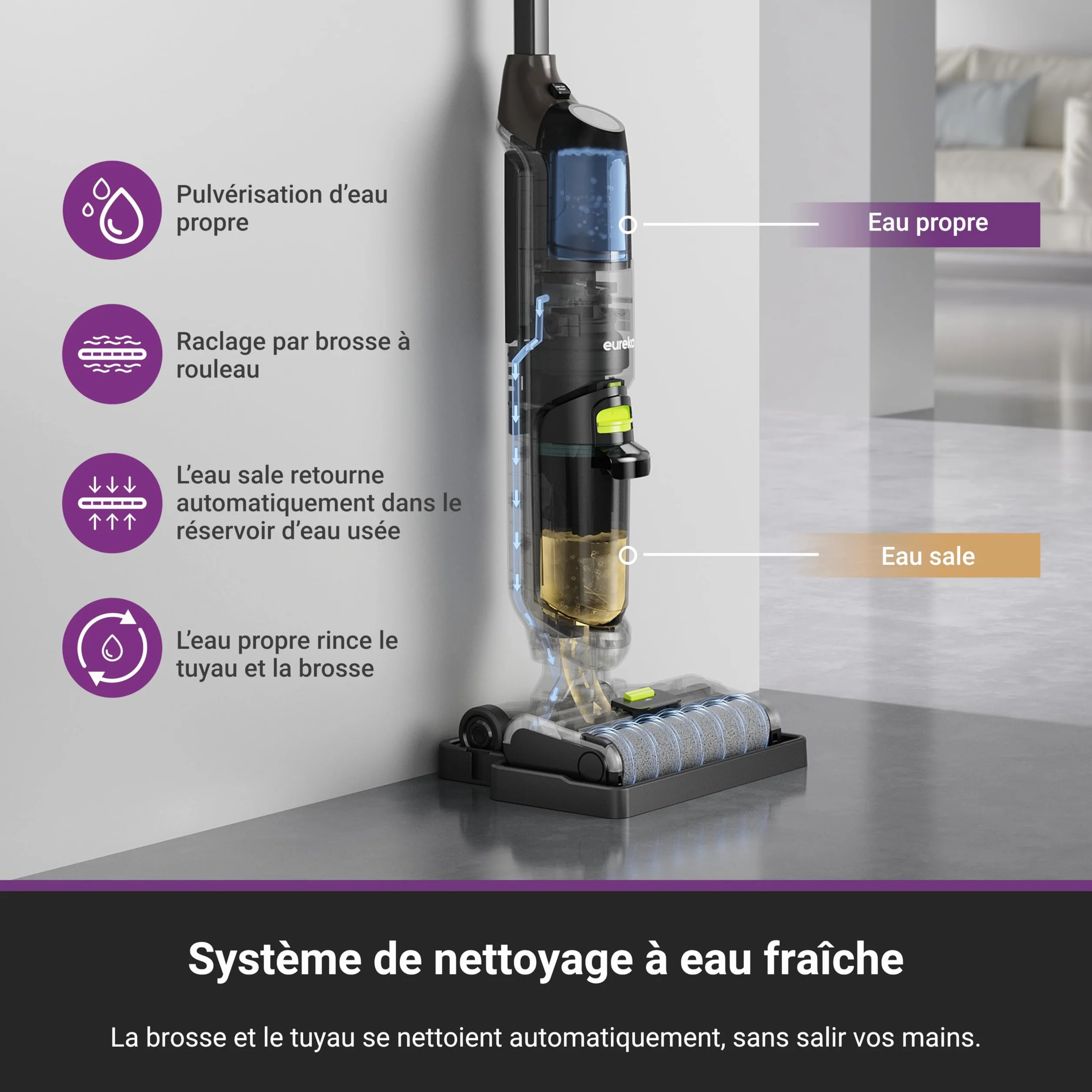 Eureka NEW400 Aspirateur Laveur sans Fil Sols Durs Sec Humide Autonettoyant Longue Autonomie