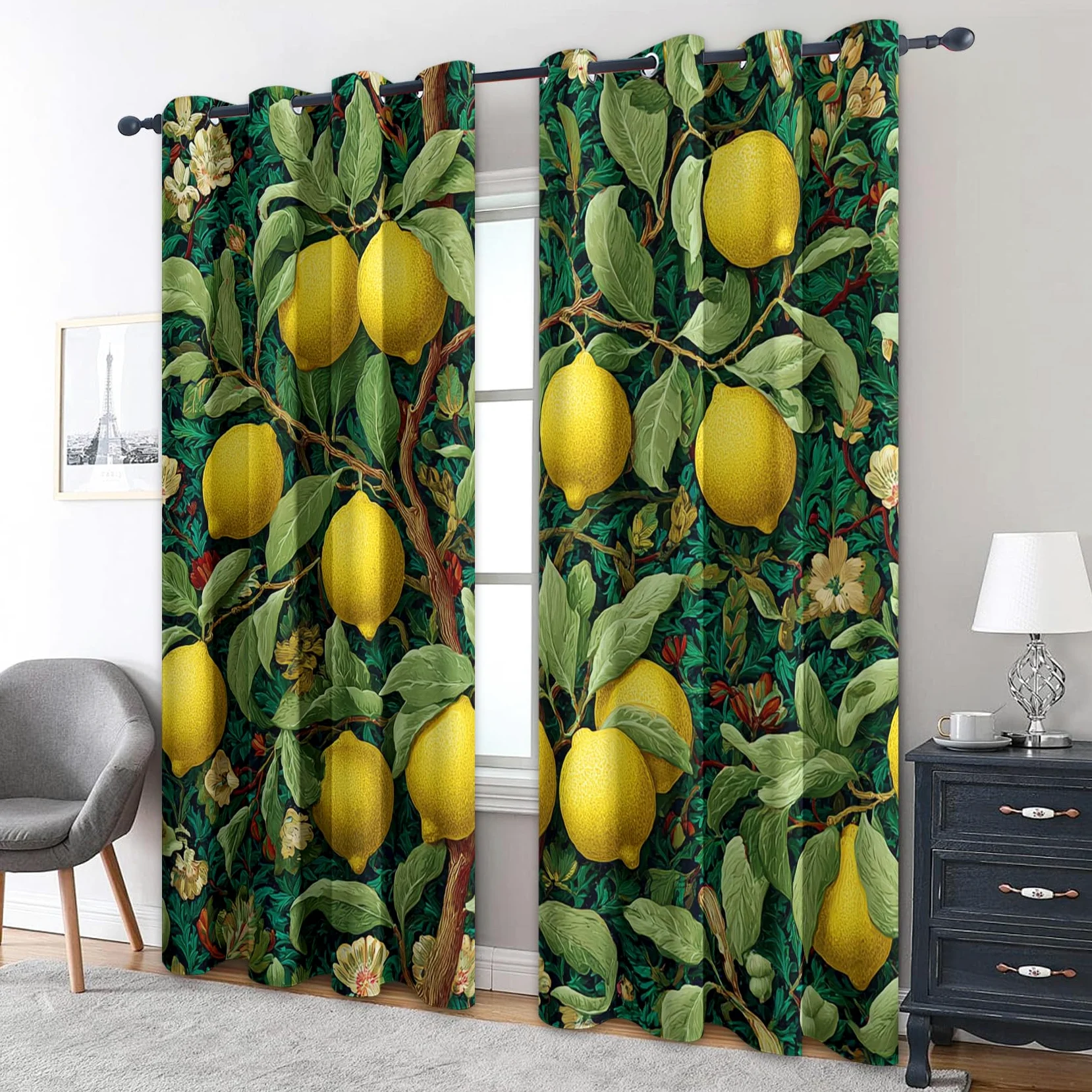 Rideau Citron Occultant Motif Vintage Fruit Arbre Rideaux Chambre Salon Cuisine 140 x 245 cm, Oeillets Rail Rideaux Occultants Thermique