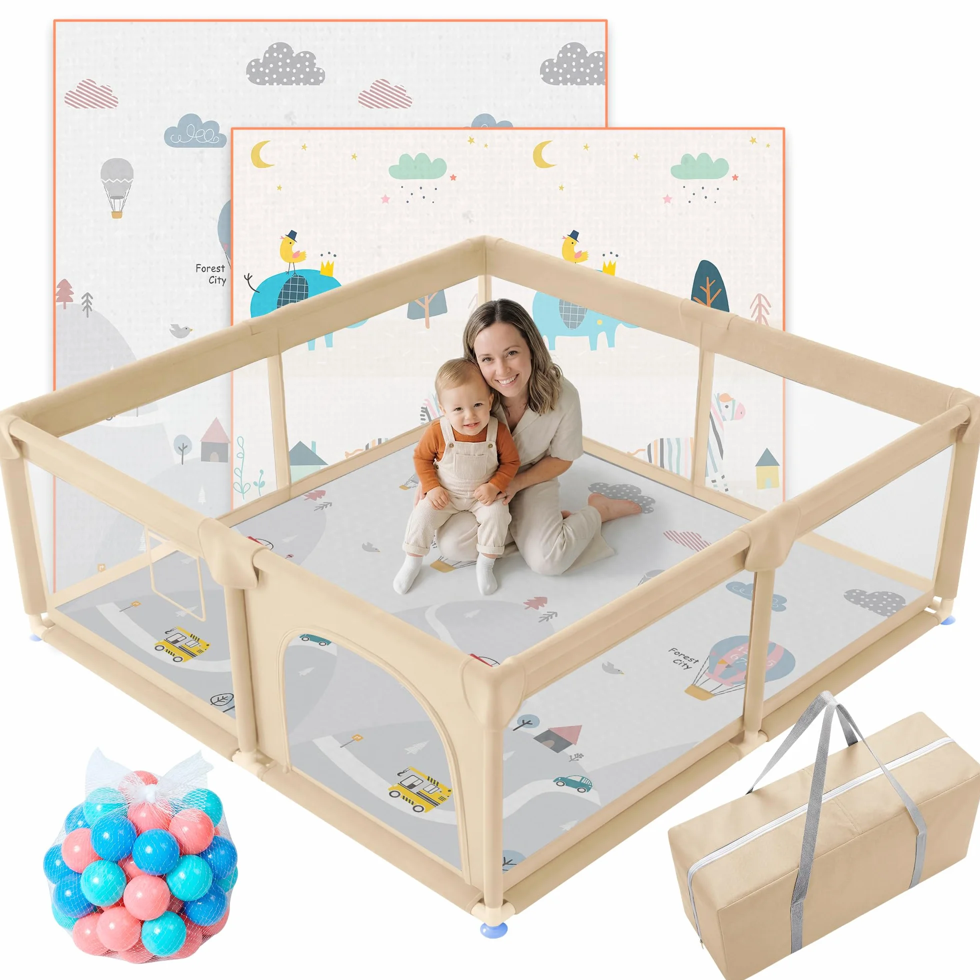 JUPPLIES Parc Bébé Sécurisé 120×120 cm Aire de Jeu Carrée pour Enfant 6-24 mois Filet Respirant 360° Structure Stable Antidérapante Beige