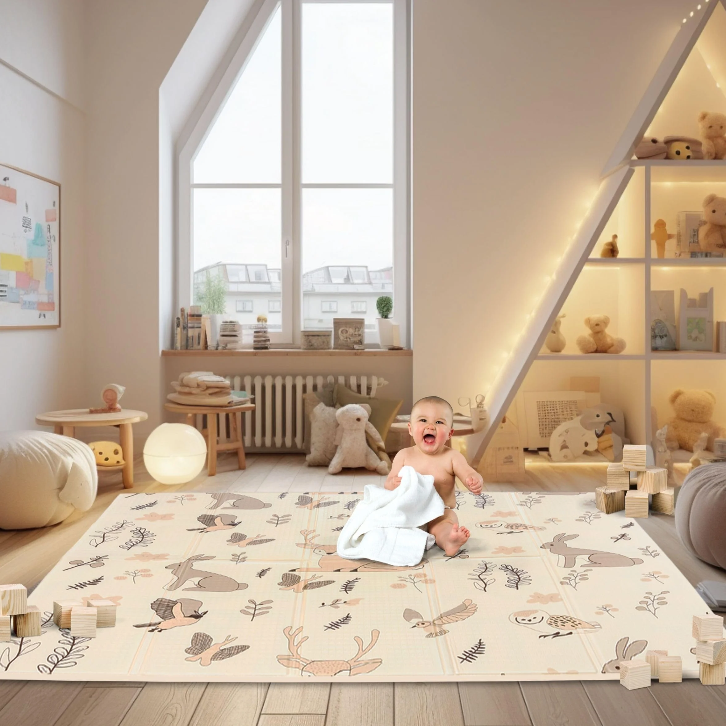 Mamabrum Tapis en mousse pour bébé 180 x 120 x 1 cm, pliable double face, mousse XPE, forêt magique/rues d'automne