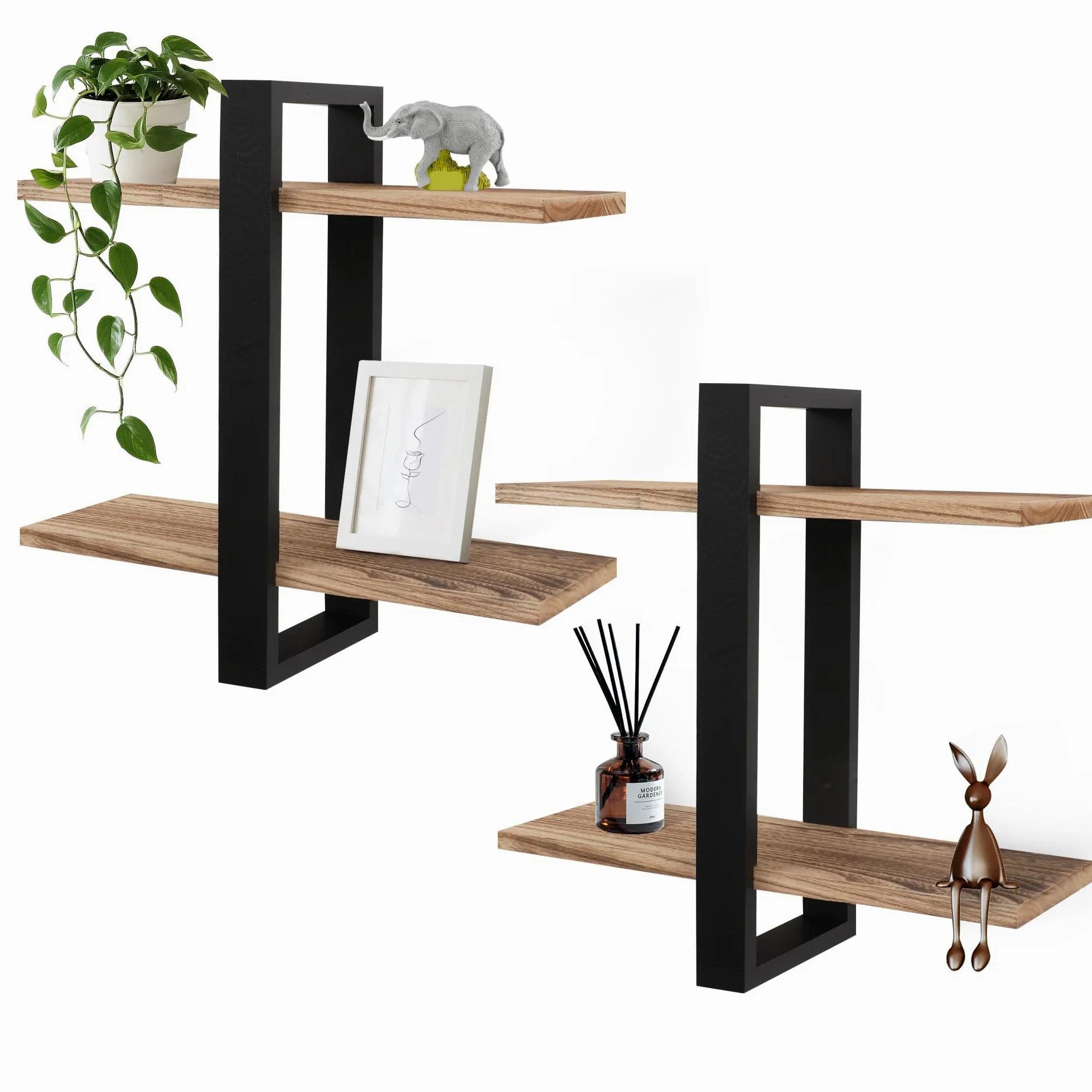 Lot de 2 étagères murales de rangement et de présentation pour salon, chambre à coucher, salle de bain, cuisine et bureau (noir + noir carboné)