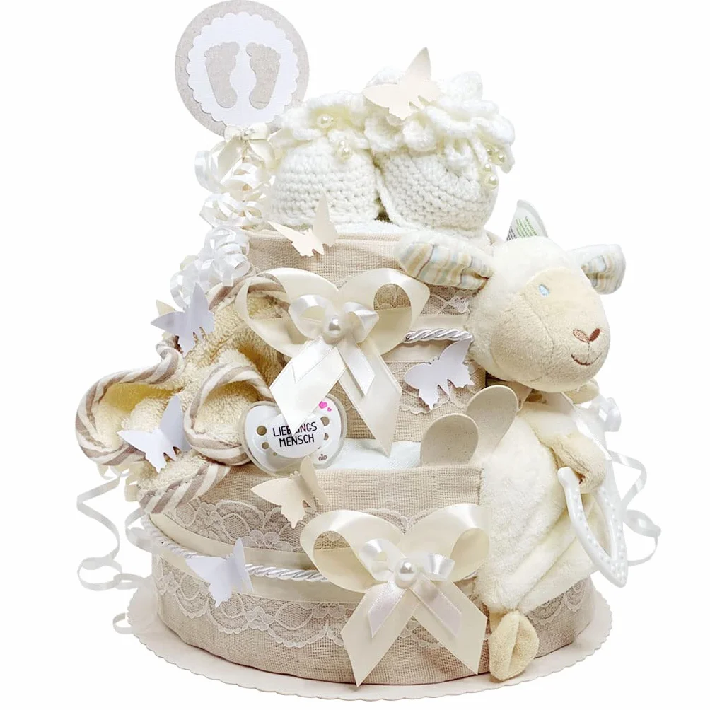 MomsStory Gâteau de Couches Neutre Mouton 2 Étages Beige Cadeau Naissance Baby Shower