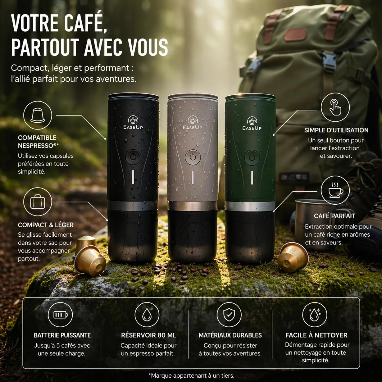 EaseUp Machine à Café Portable Rechargeable 2en1 avec étui de transport – Cafetière portable compatible Capsules Espresso & Café Moulu Pour Voyage, Camping, Voiture (Beige)