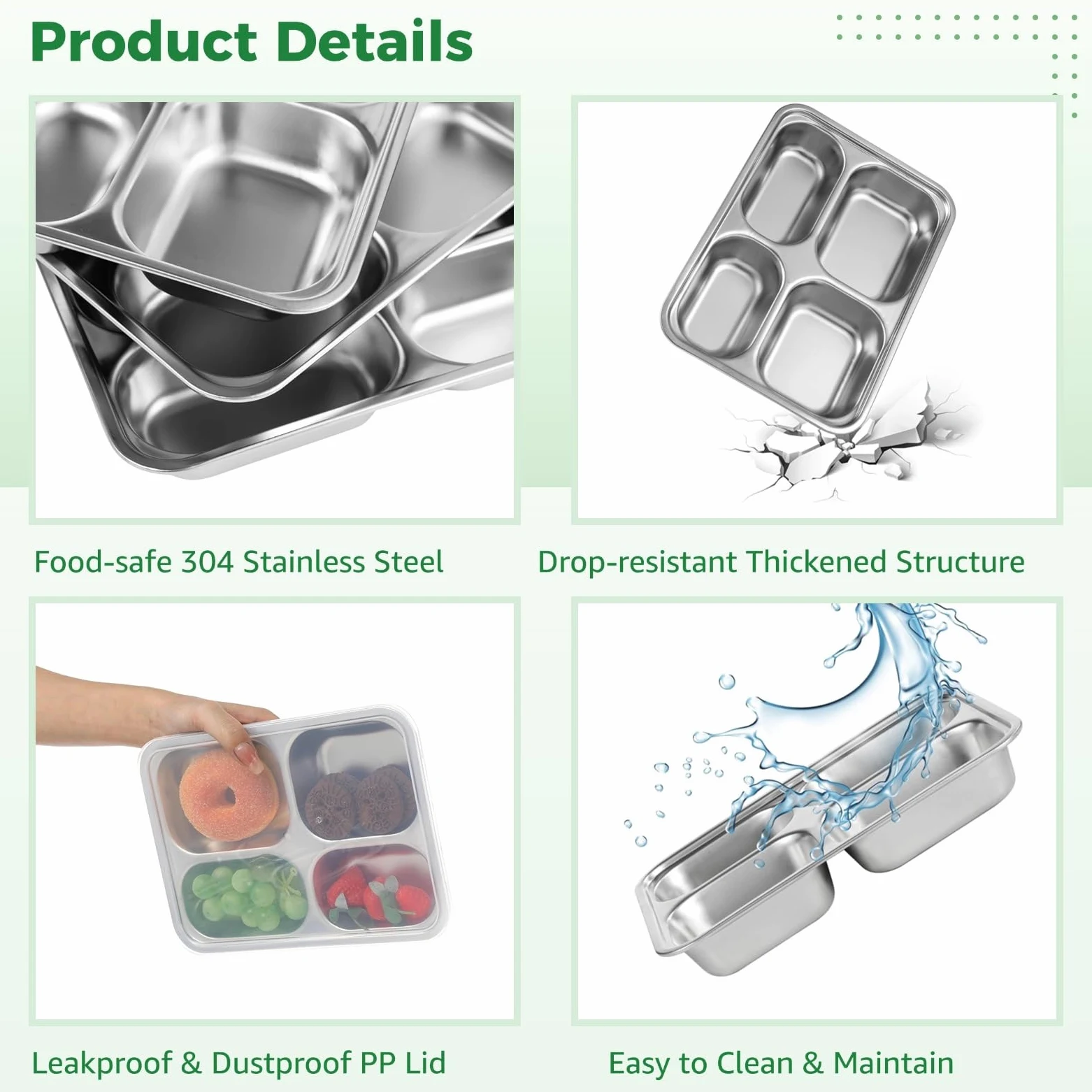 Lot de 4 boîtes à bento en acier inoxydable avec couvercles pour enfants et adultes, plateaux à déjeuner réutilisables