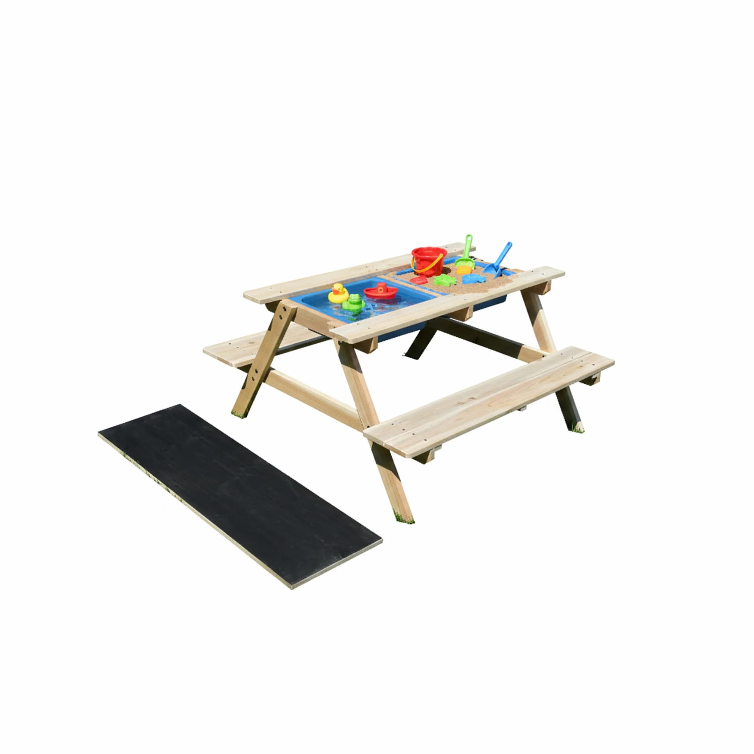 Relaxdays Table-bancs Enfants en Bois 3-en-1, Jeu, Cuisine, Pique-Nique, Ardoise, HxLxP 48,5×89×85 cm, Naturel