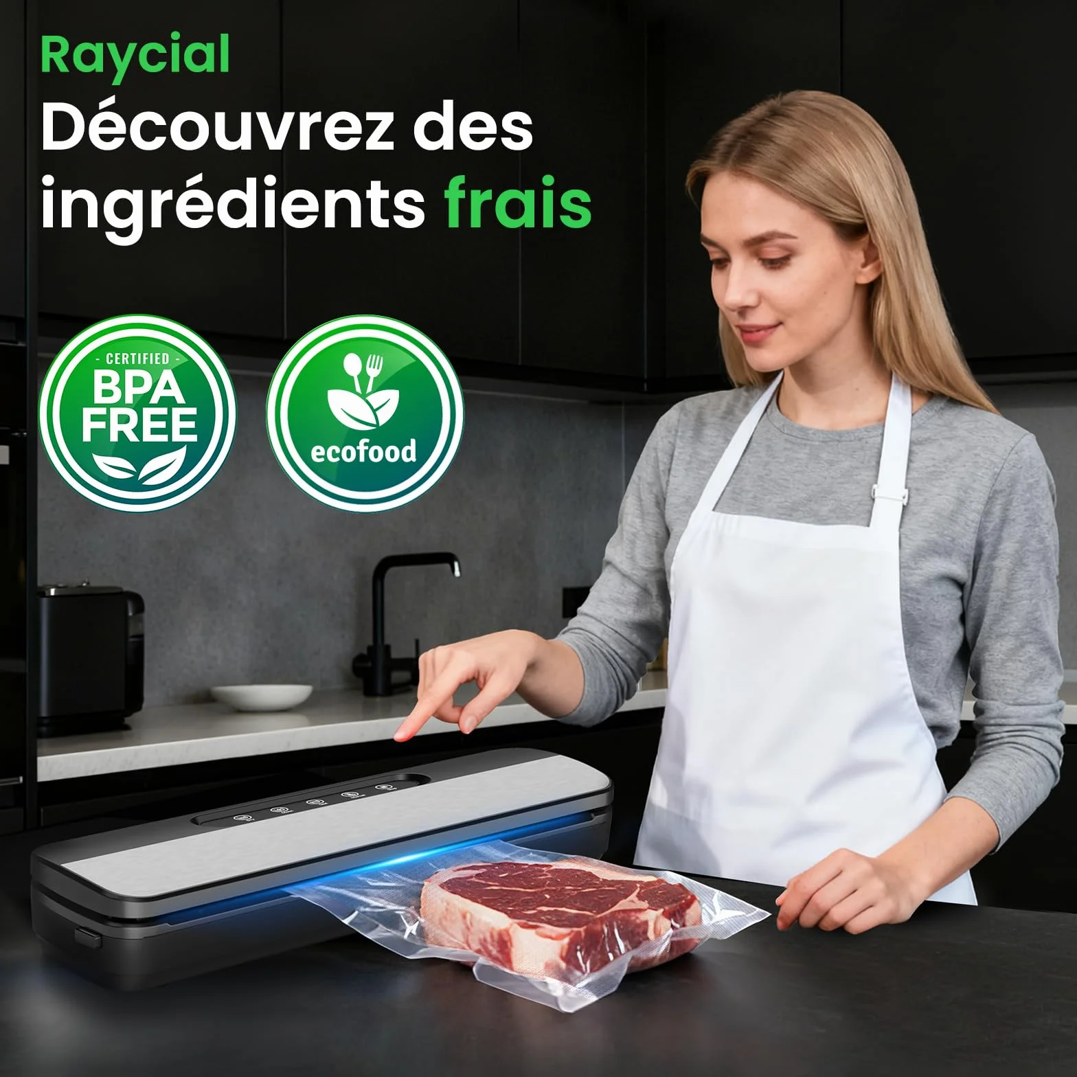 Raycial Machine Sous Vide Alimentaire 7-en-1 130W 90 kPa avec Cutter et 10 Sacs