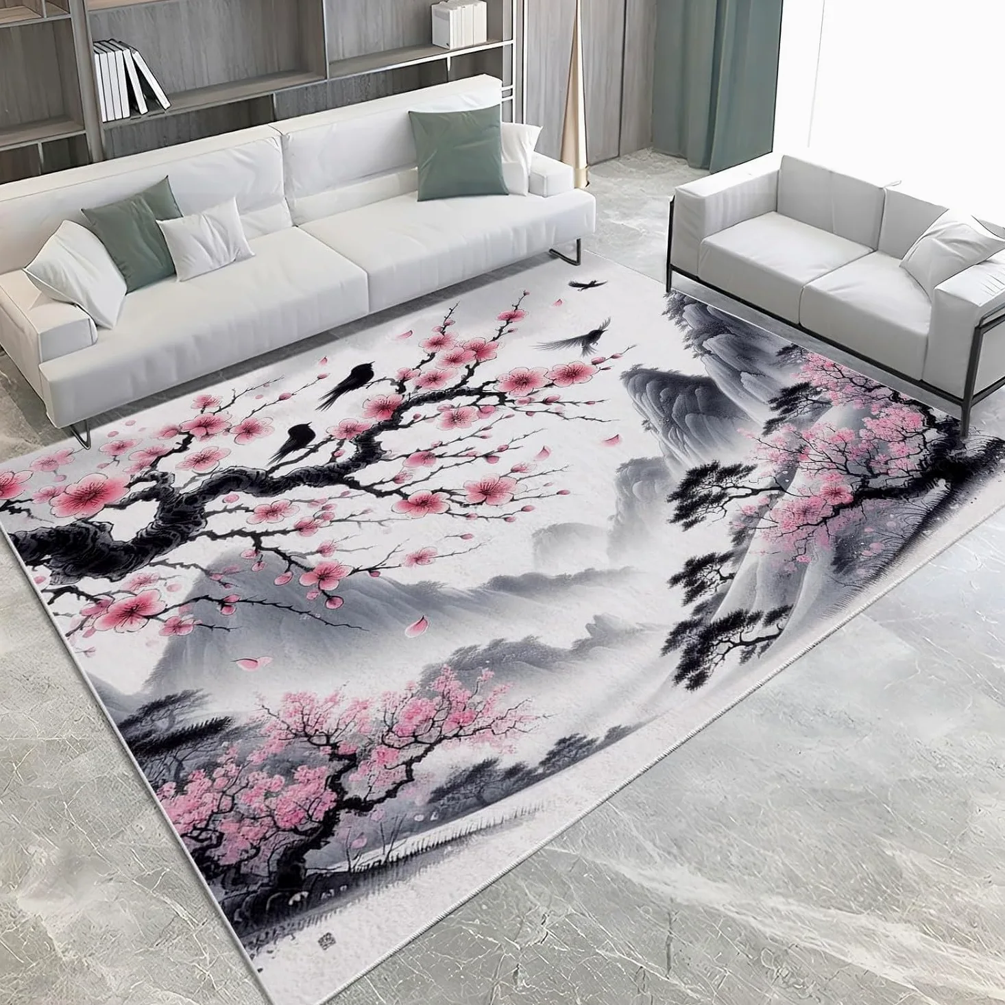 Tapis de salon japonais, 3D fleurs de cerisier - 140 x 200 cm - Lavable et antidérapant - Pour chambre d'enfant - Décoration de chambre à coucher - Tapis antidérapant - L990