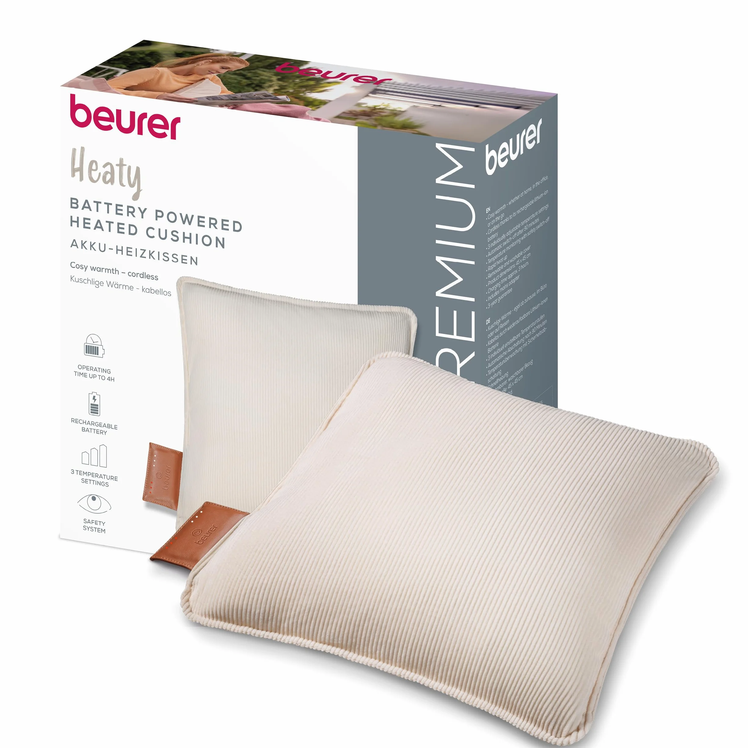 Beurer Coussin chauffant sans fil avec batterie, arrêt automatique, 3 réglages température, velours côtelé doux, blanc