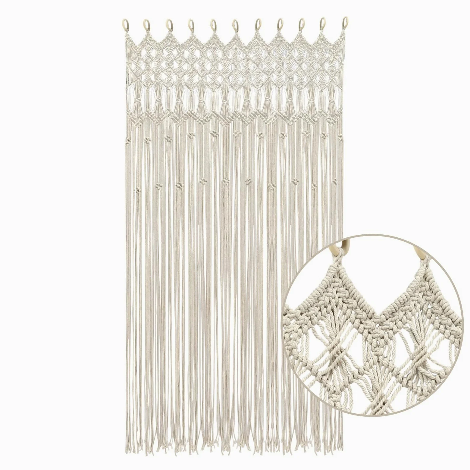 Rideau de porte en macramé - 120 x 195 cm - Fait à la main - Style bohème - Grand rideau tissé à la main - Avec anneau en bois - En coton tissé - Décoration de fenêtre - Blanc