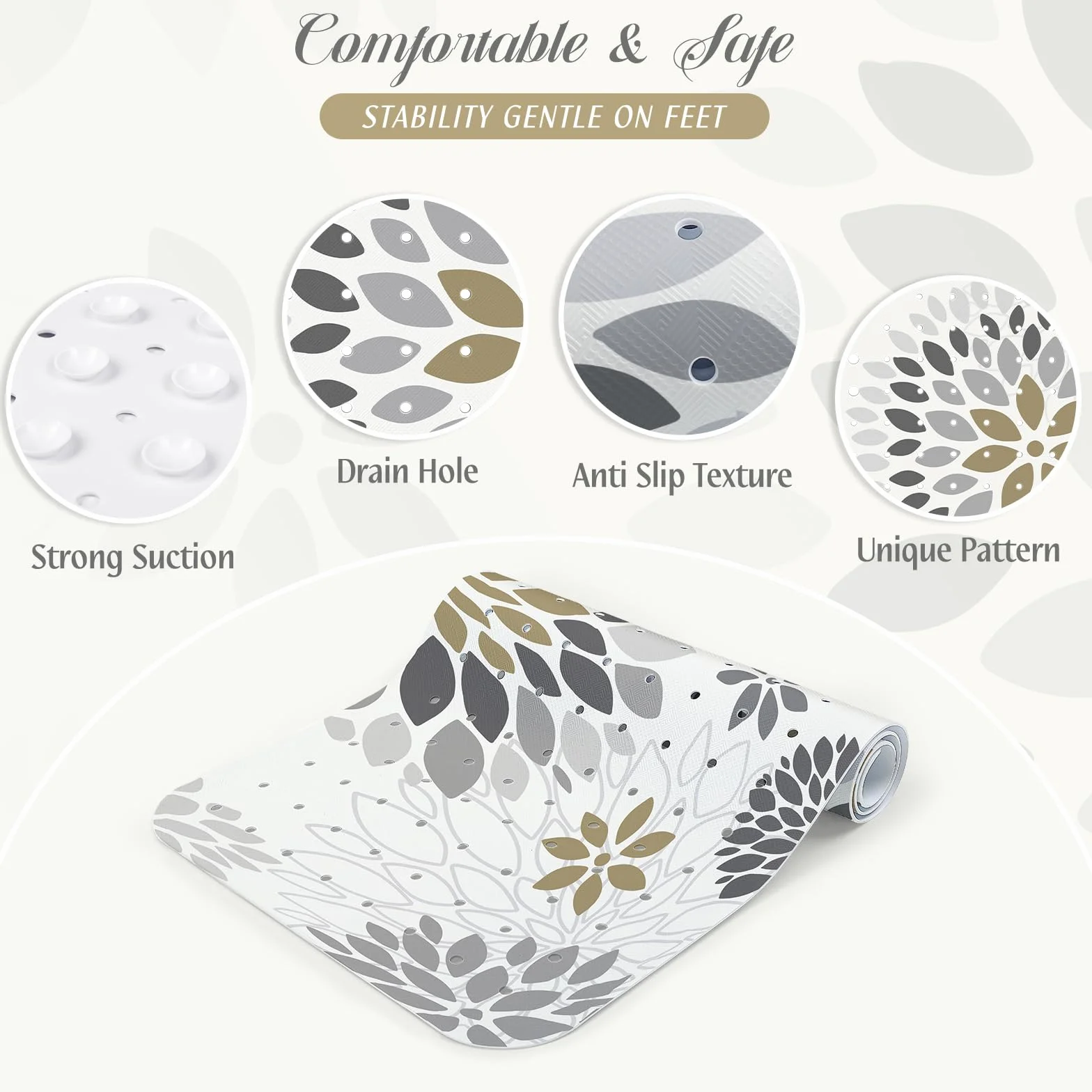 Tapis de Bain Antidérapant 100 x 40cm, SHUCHING, Lavable en Machine et Résistant à la Moisissure, Sans BPA, Fleurs Grises