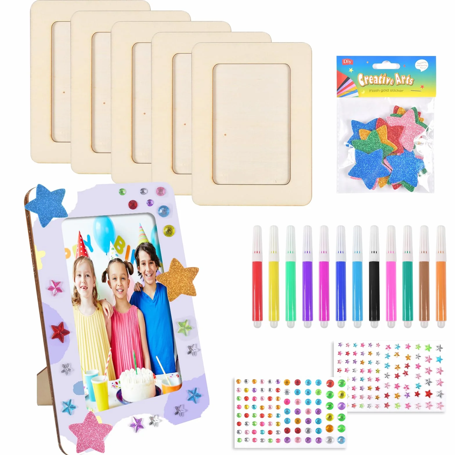 DIY Cadre Photo pour Enfant 6 Pièces Kits en Bois 15 x 20 cm avec Autocollant Diamant et Crayons