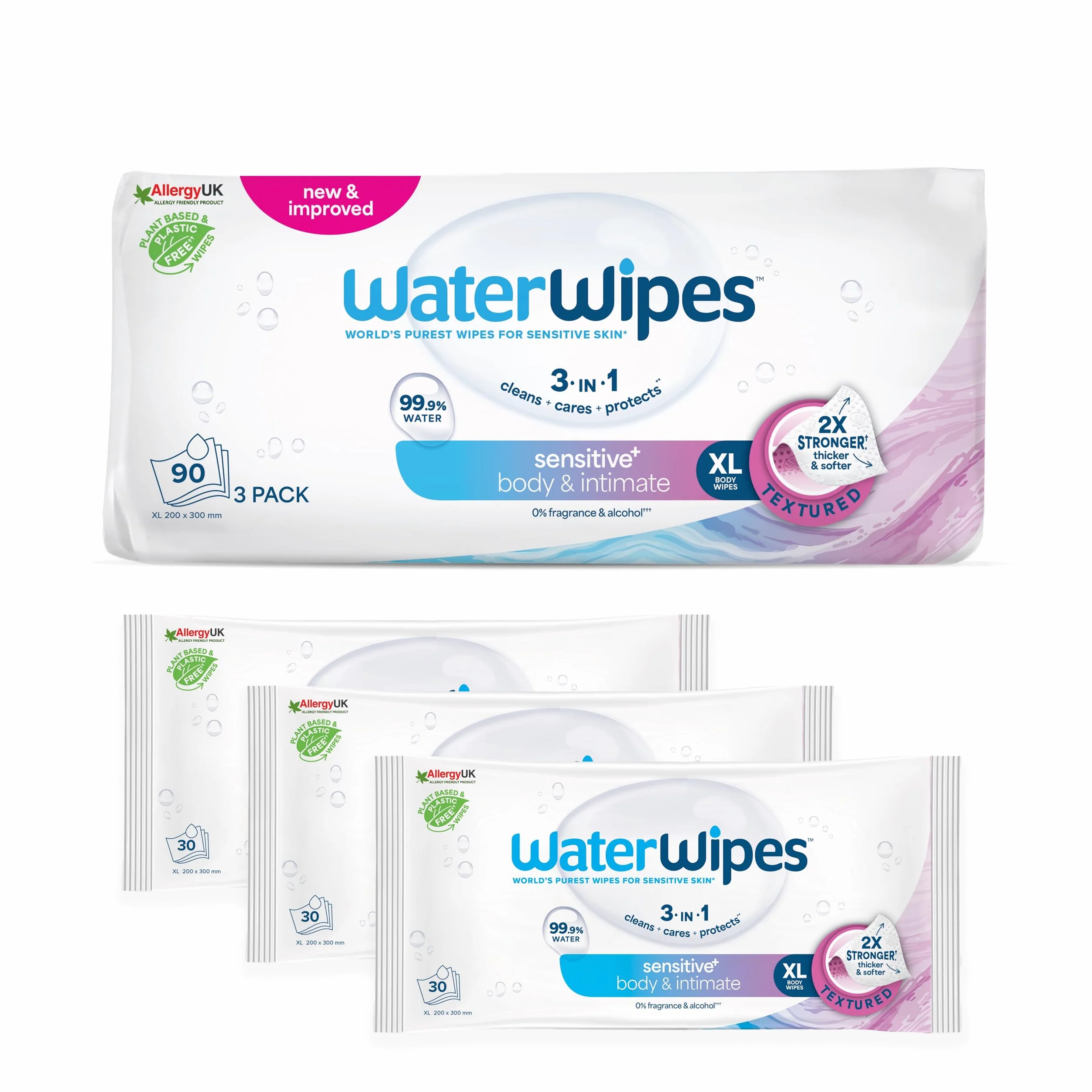 WaterWipes Sensitive+ Lingettes Corporelles et Intimes, 90 Lingettes (3 Paquets), 3-en-1 Nettoie Soigne Protège, 99,9% d'Eau, Non Parfumées, Adult Care