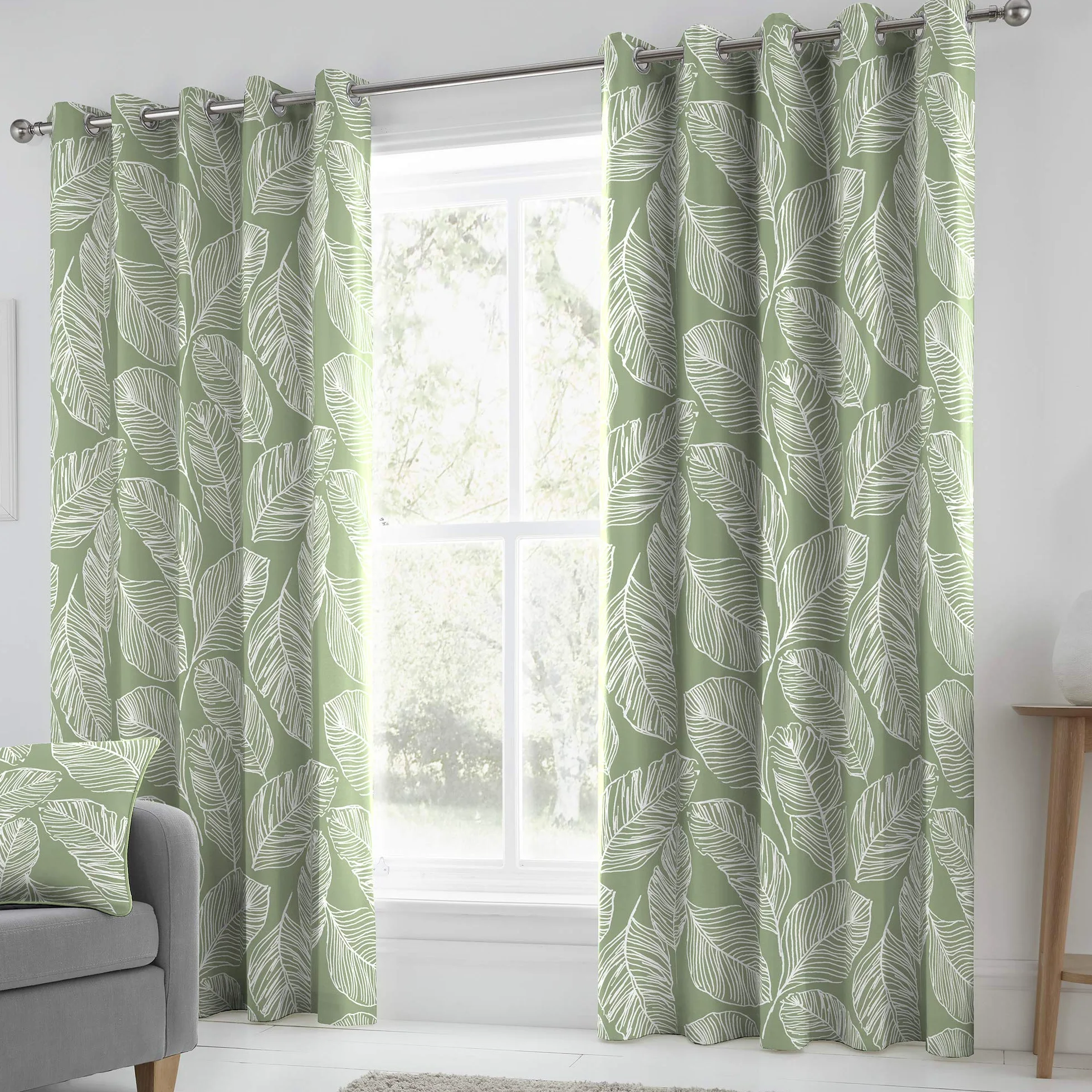 Fusion - Rideaux à Feuilles Vertes 168 x 183 cm - 2 Panneaux - 100% Coton - Œillets Verts - Imprimé Tropical - Collection Matteo