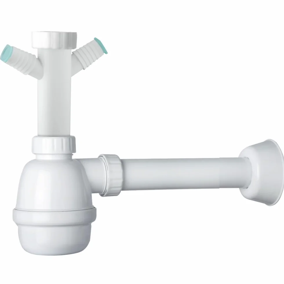 Siphon universel pour éviers 1"1/2 avec prise machine à laver vaisselle, diamètre 40 mm, réglable en hauteur, blanc